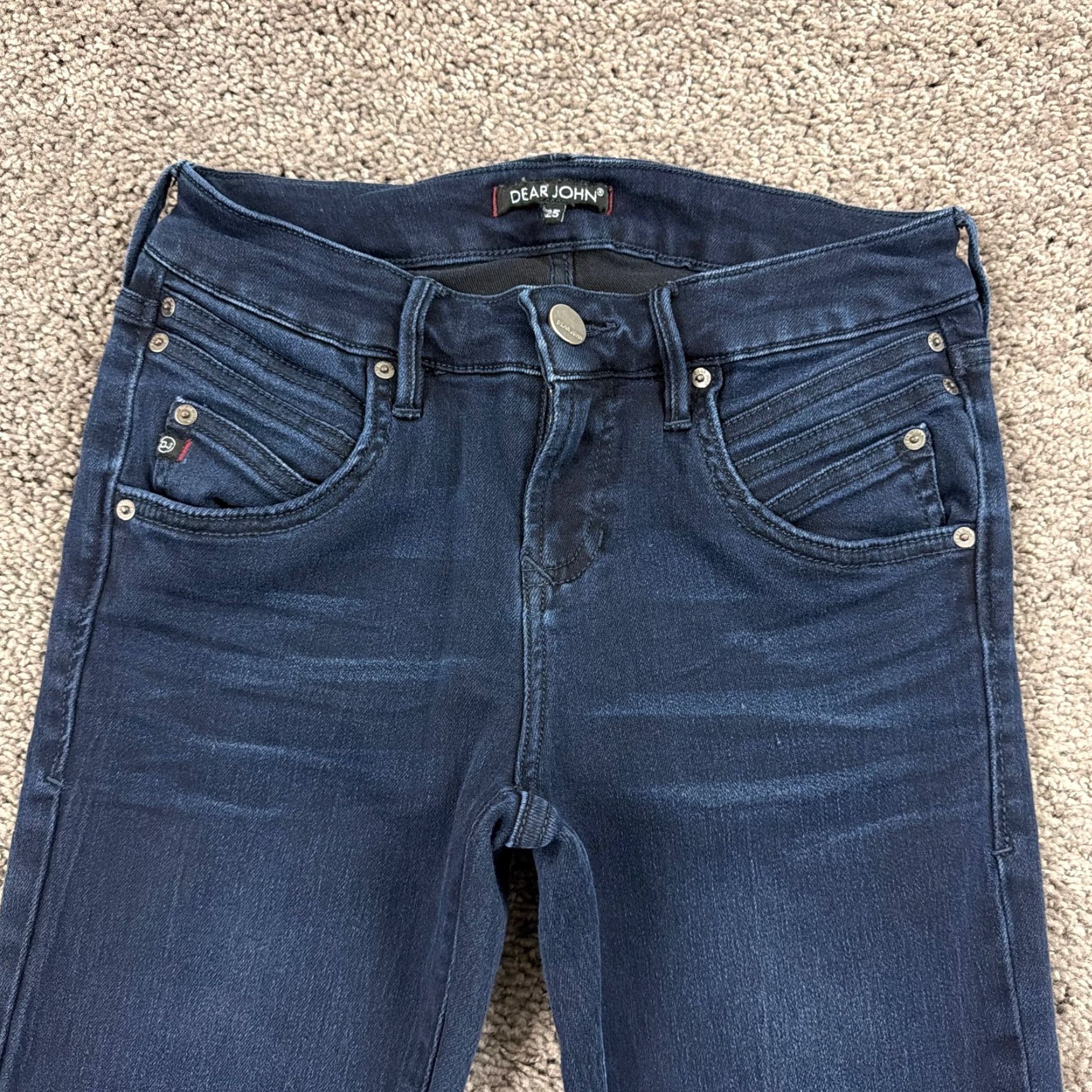 Denime Dear John Jeans Women Boot Cut Low Rise Dark Wash Stretch Denim 24x33 Regular 25 Blue Leather Logo? Size 42" / US 20 - 2 Thumbnail