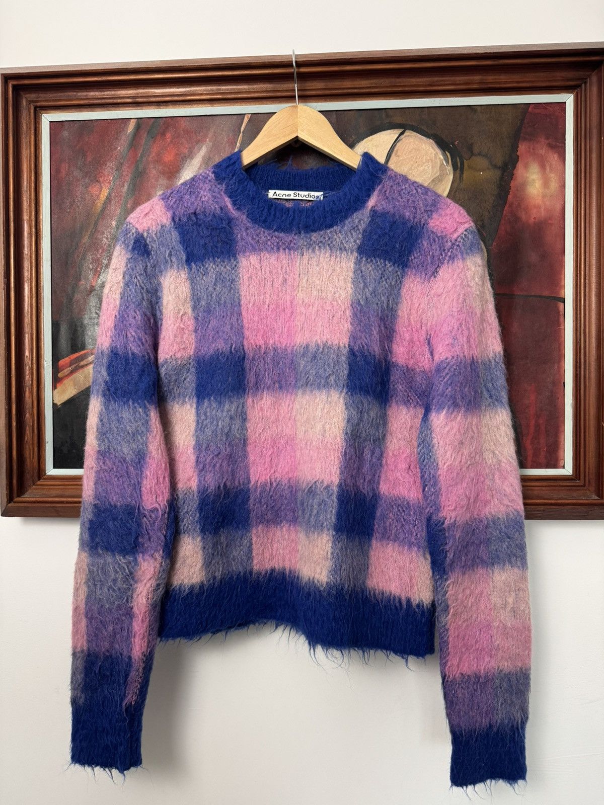 Acne Studios Acne Studios Plaid Fuzzy Distressed Sweater Knit Pink Blue Size S / US 4 / IT 40 - 1 Thumbnail