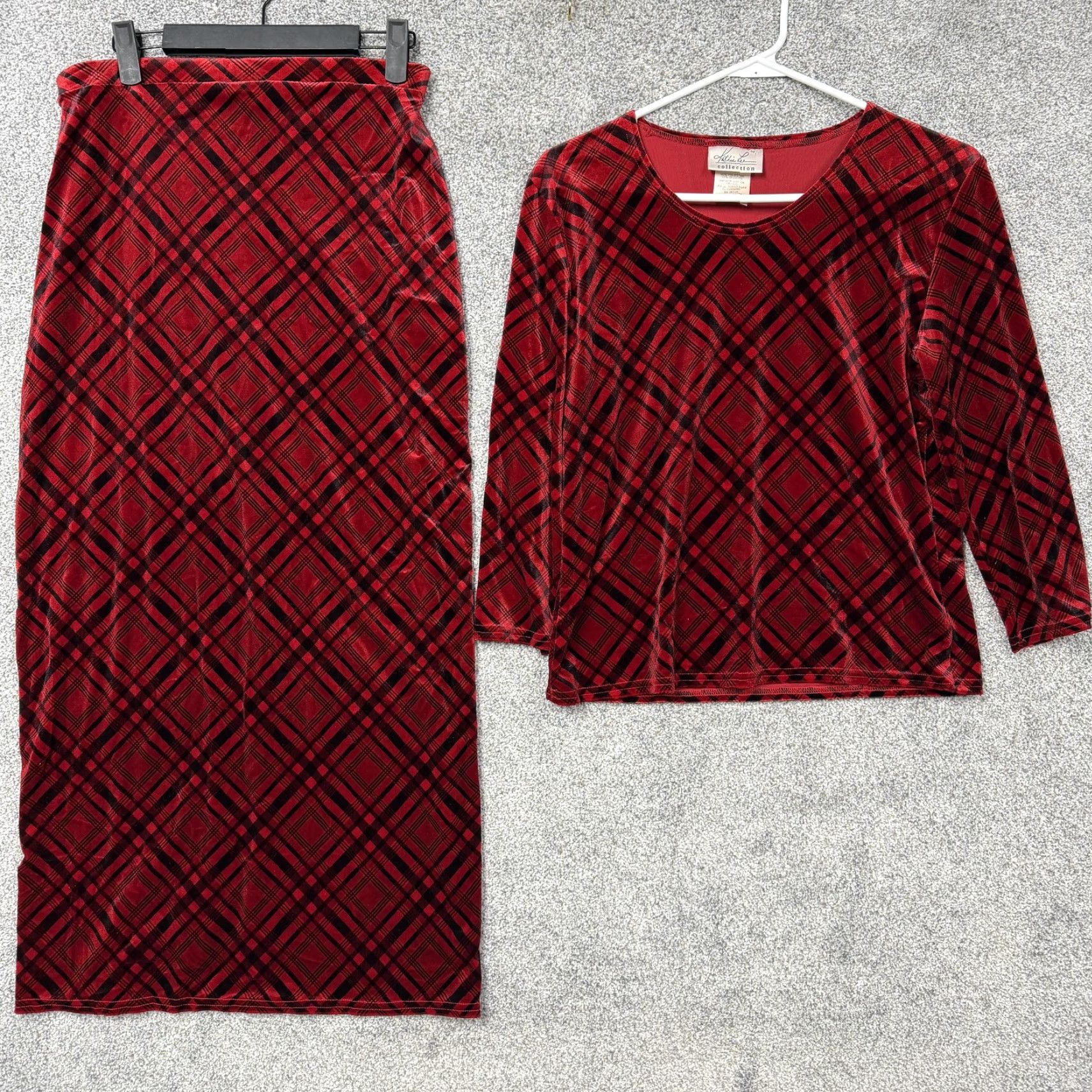 Lee VINTAGE Kathie Lee Collection Velour Outfit Set Women S China Red Plaid 2 Piece Sweater Skirt Autumn Winter 3/4 Sleeve Mens? Ladies? Size 28" / US 6 / IT 42 - 2 Thumbnail