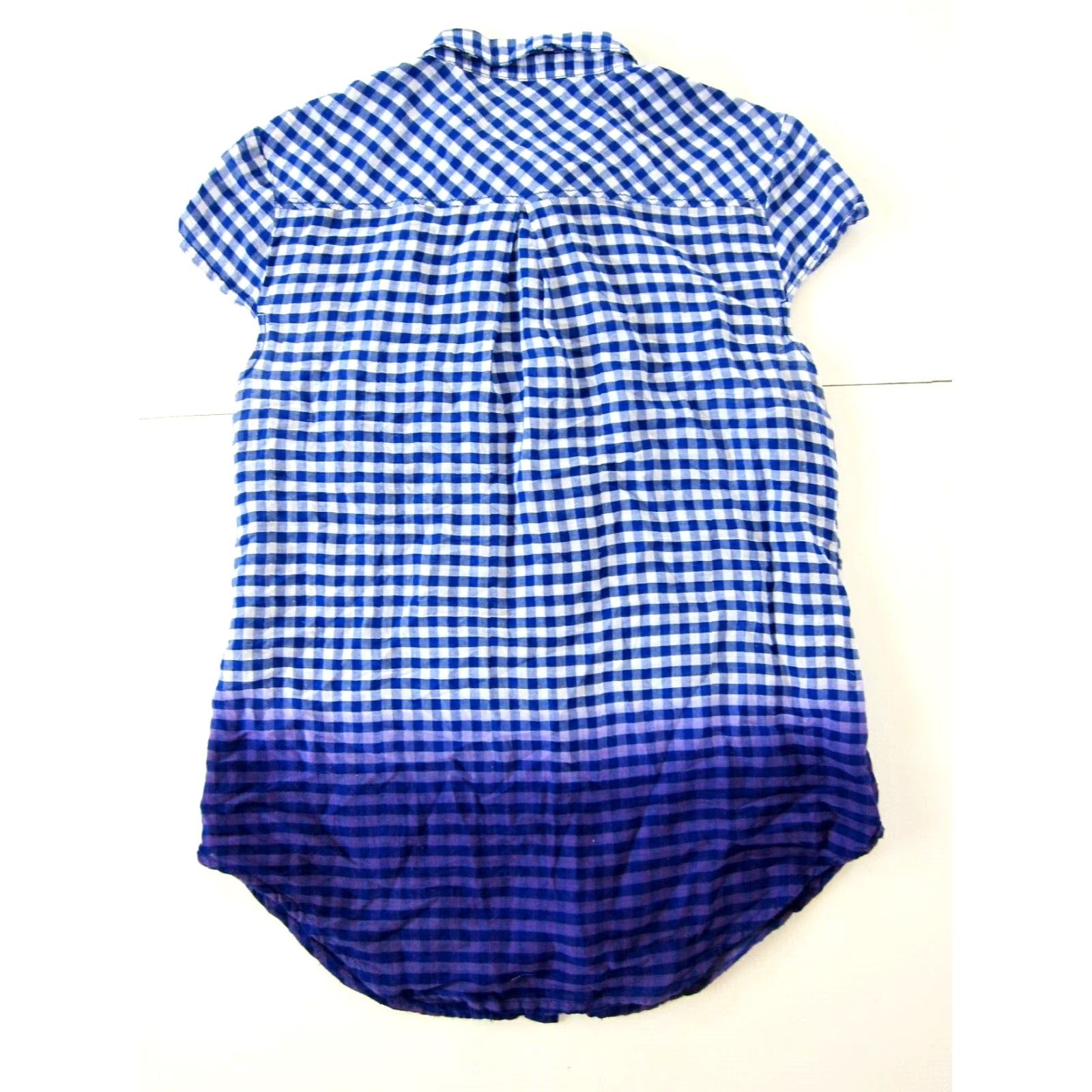 Anthropologie Holding Horses Blouse Shirt Cotton Blue White Plaid Ombre Short Sleeve 4 Womens Vintage Style Theme Horse Button Collar to Travel Business Casual Size S / US 4 / IT 40 - 2 Thumbnail