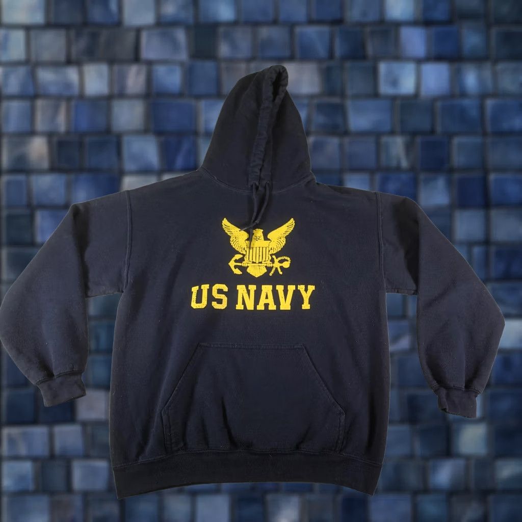 Vintage US Navy Hoodie Mens M Blue Fleece Pullover Logo Graphic Print Crest US Navy Eagle Navy Supporter Crew Neck Kangaroo Pocket Size US M / EU 48-50 / 2 - 1 Thumbnail