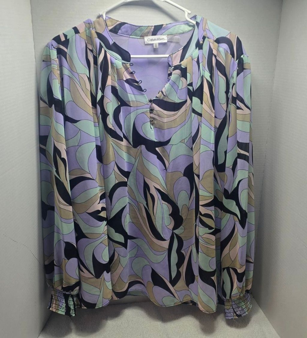 Calvin Klein Women's Calvin Klein Blouse XL Purple Green Abstract Print Size XL / US 12-14 / IT 48-50 - 1 Thumbnail