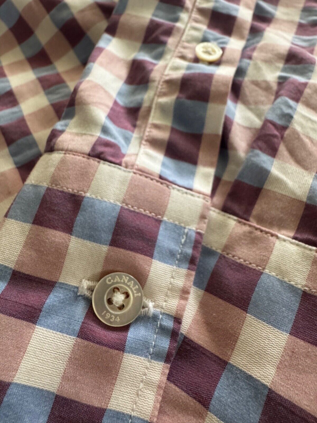 Canali Canali Men's M Button Down Gingham Check Purple Blue Cream Size US M / EU 48-50 / 2 - 4 Thumbnail