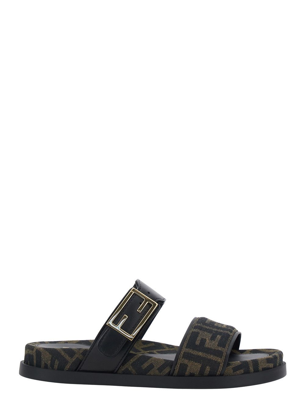 Fendi 'Feel' Black Sandals with Metallic FF Plate and Embroidered Logo on the Front in FF Jacquard Fabric and Leather Woman Size US 8 / IT 38 - 1 Thumbnail