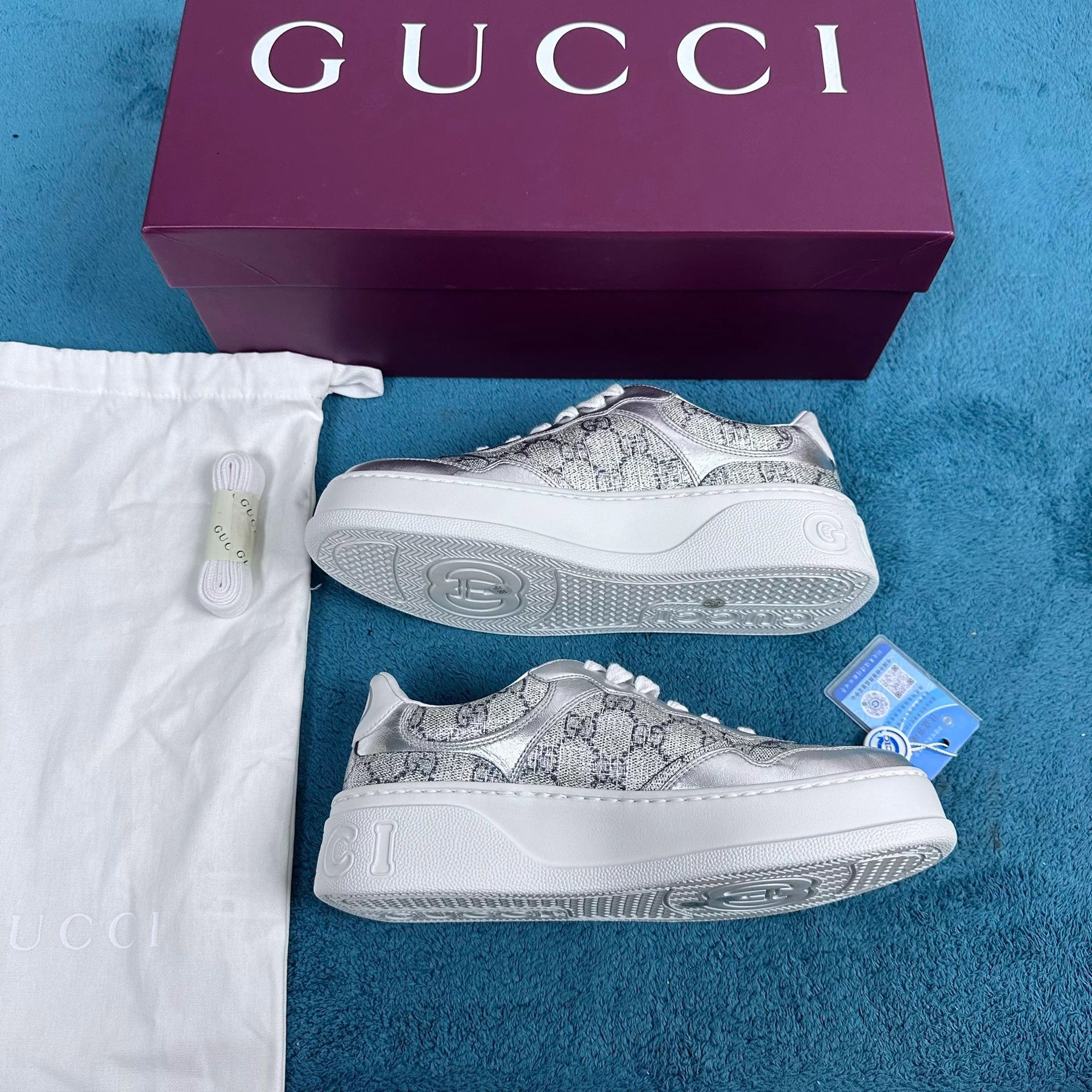 Gucci Gucci GG Supreme leather platform low-top silver Size US 7.5 / IT 37.5 - 3 Thumbnail