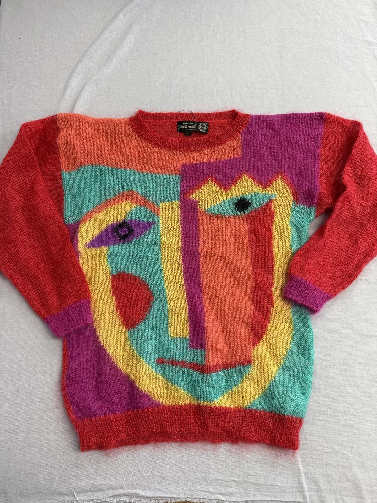Designer Vintage 80s Sweater Picasso Big Face Cubism Mohair - Medium Size US M / EU 48-50 / 2 - 1 Thumbnail