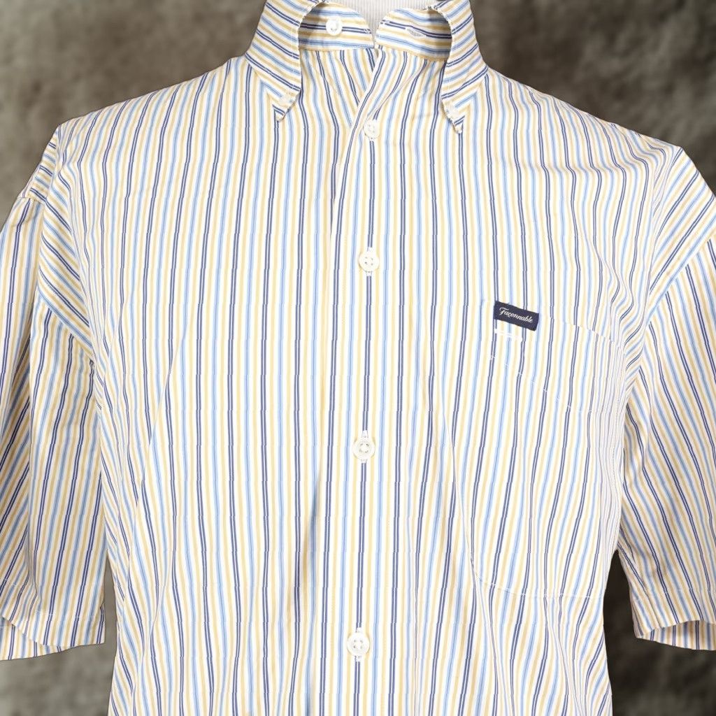 Faconnable Faconnable Shirt XL Yellow Striped Button Down Short Sleeve Casual Mens Size US XL / EU 56 / 4 - 1 Thumbnail
