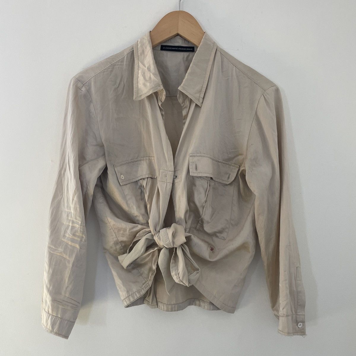 Marithe + Francois Girbaud Marithe Girbaud tie front crop top blouse taupe silk cotton Size S / US 4 / IT 40 - 4 Thumbnail