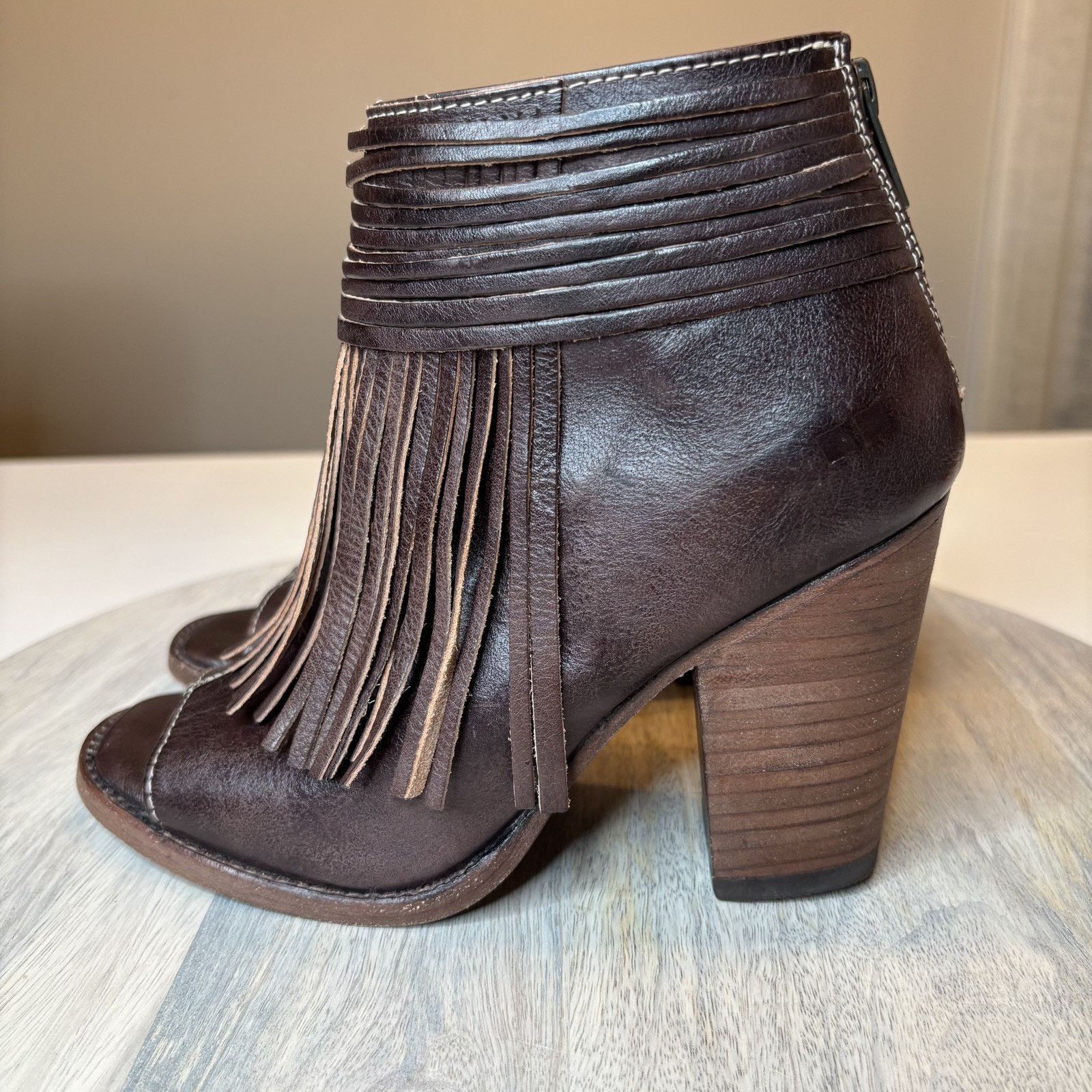 Bed Stu Onset Olivia Peep Toe Fringe Leather Booties Sz