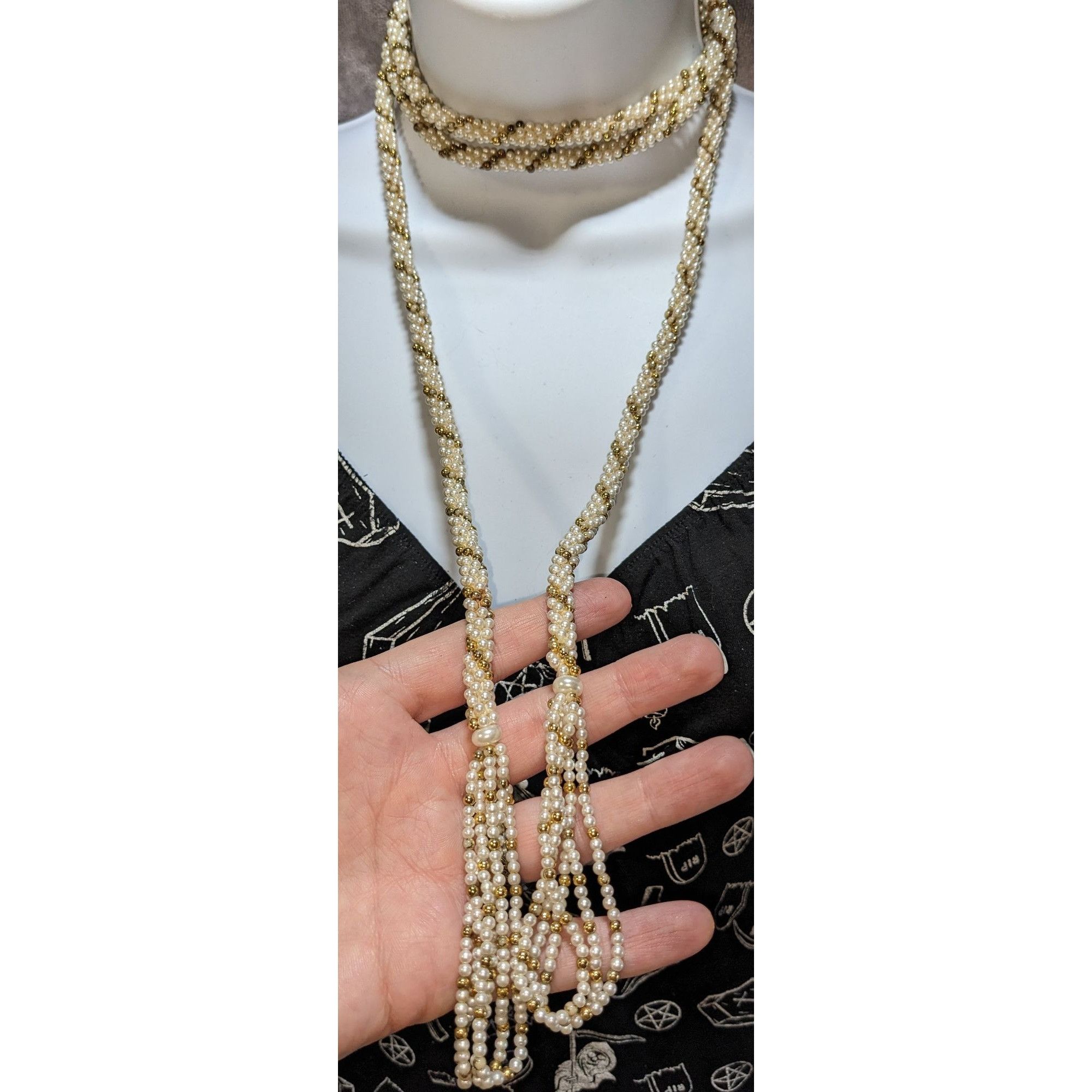Other Elegant Vintage Gold Tone & Cream Faux Pearl Wrap Necklace W Size ONE SIZE - 2 Thumbnail