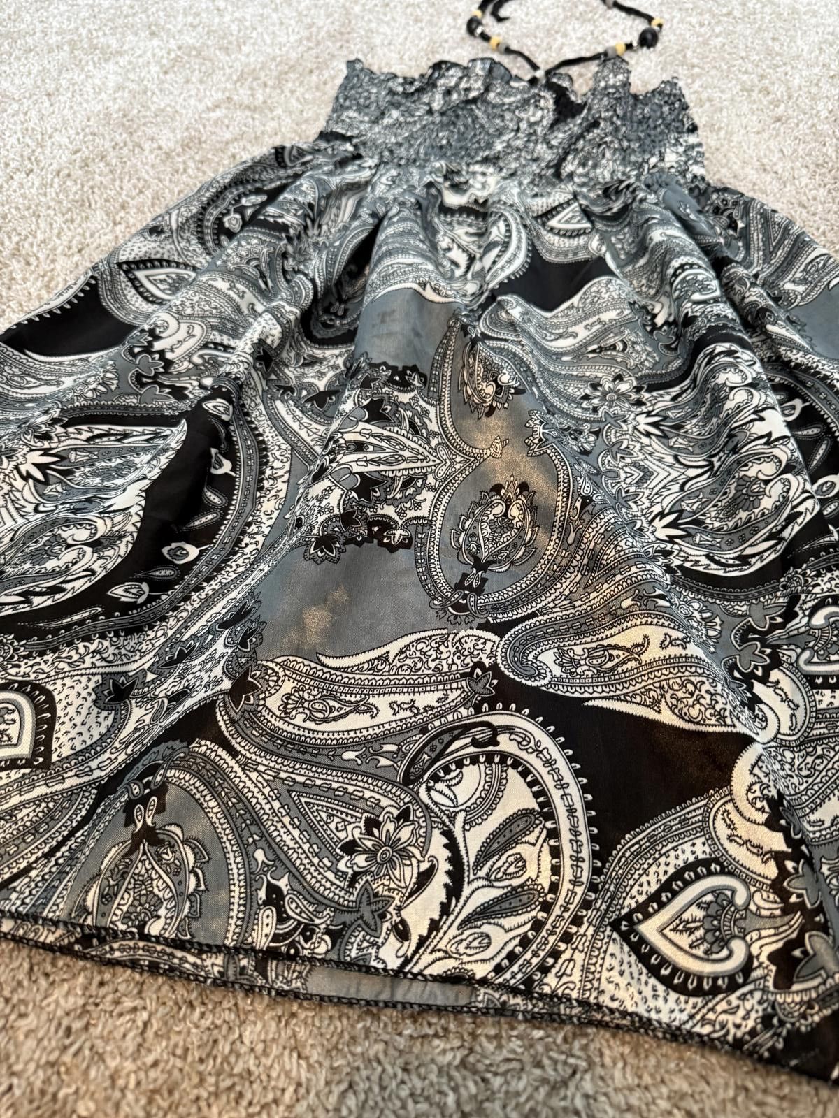 Designer 2000s Black and White Paisley Print Strapless Summer Dress Size L / US 10 / IT 46 - 3 Thumbnail