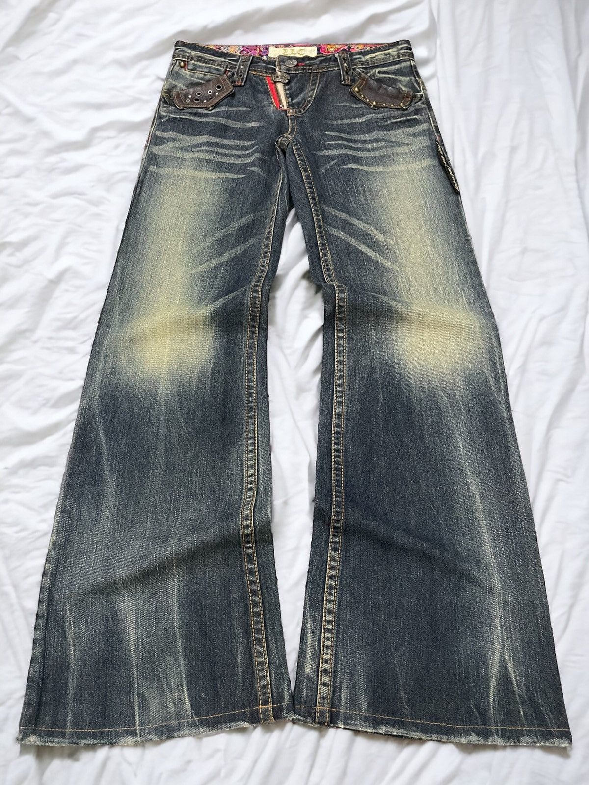 LLC Japan Studded Mud Wash Embellished Flare Wide Leg Jeans