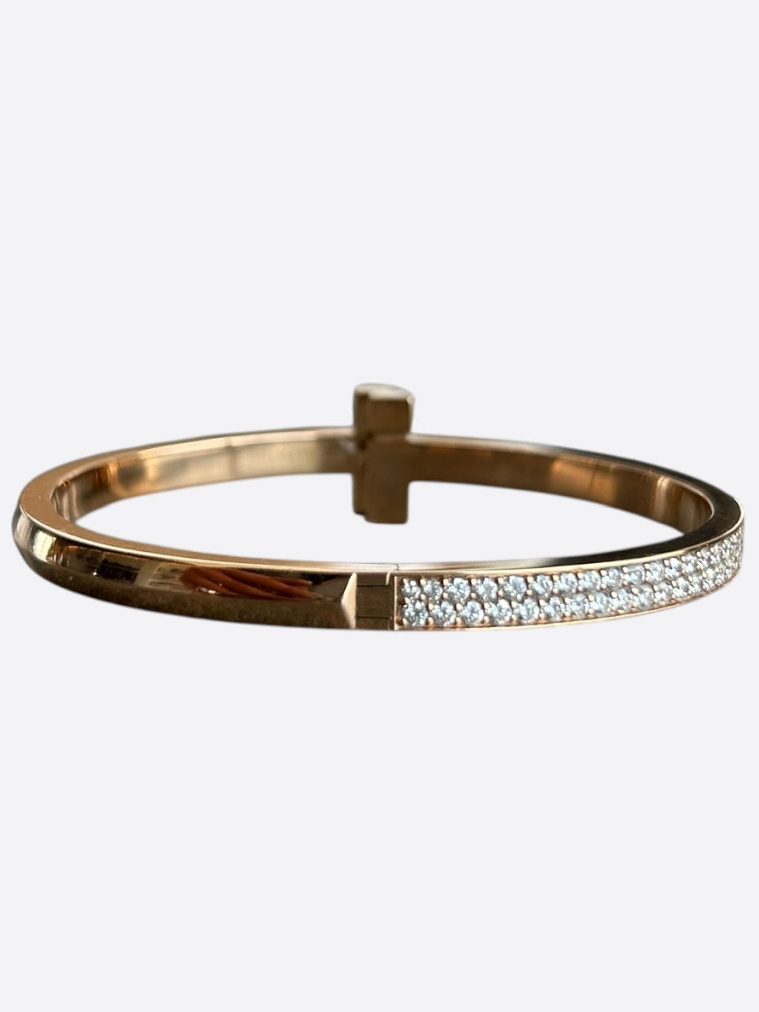 Tiffany & Co. 18K Rose Gold Diamond T1 Wide Hinged Bangle Bracelet Size ONE SIZE - 4 Thumbnail