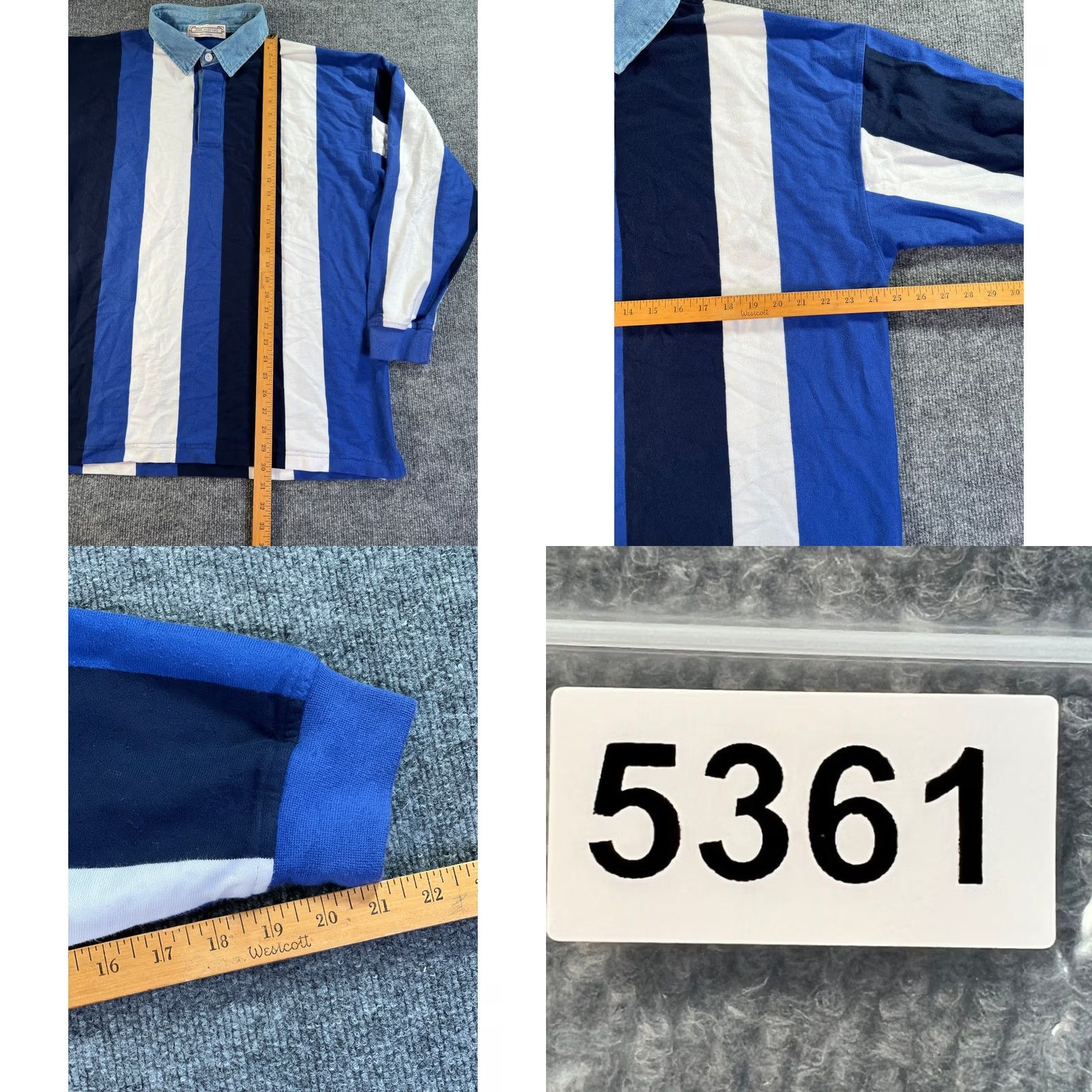 Denime VINTAGE John Ashford Rugby Shirt Mens Big 2X Blue White Vertical Stripe Denim Collar Cotton Long Sleeve Crew Neck casual Size US XXL / EU 58 / 5 - 8 Thumbnail