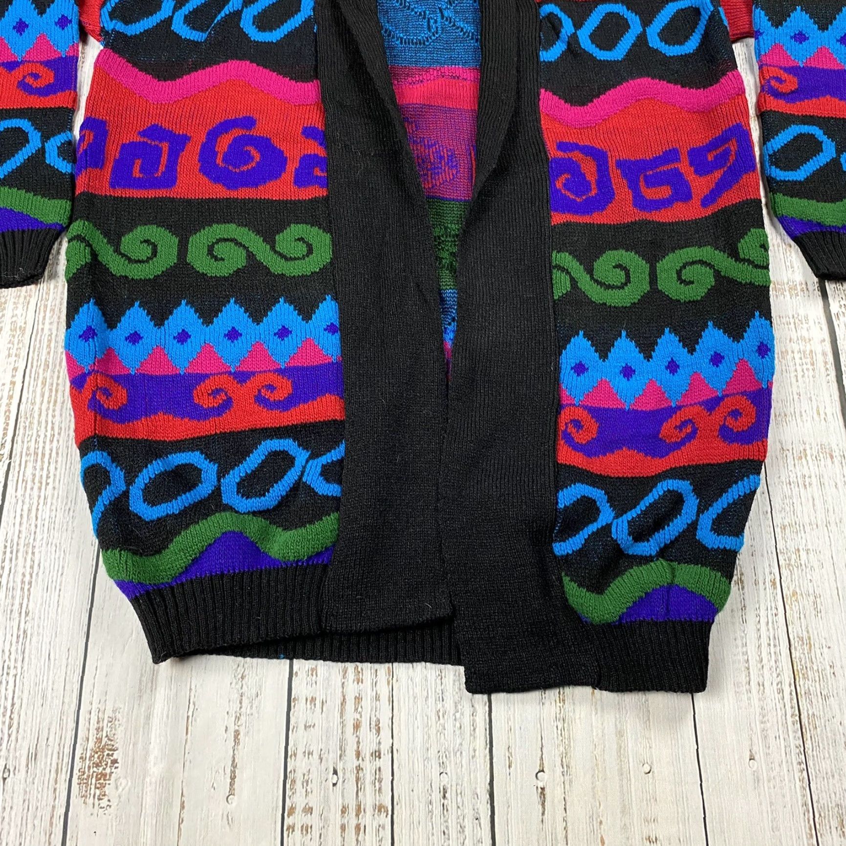 Vintage VINTAGE Jacquelyn by Browne Cardigan Open Front Geometric Abstract Black Red Purple Women One Size Regular Knit Falls Spring Winter Females Size ONE SIZE - 3 Thumbnail
