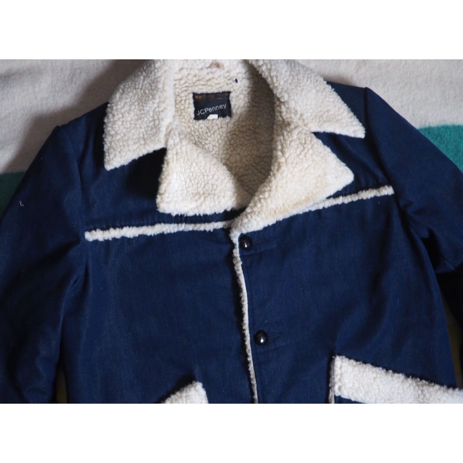 JCPenney VTG 70s Penneys Montgomery Blue White Denim Sherpa Western Ranch Coat Mens XLT Size US XL / EU 56 / 4 - 6 Thumbnail