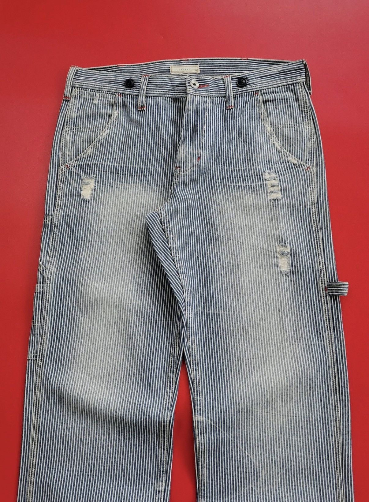 Vintage Browny Japan Hickory Stripe Carpenter Distressed Jeans Size US 32 / EU 48 - 3 Thumbnail