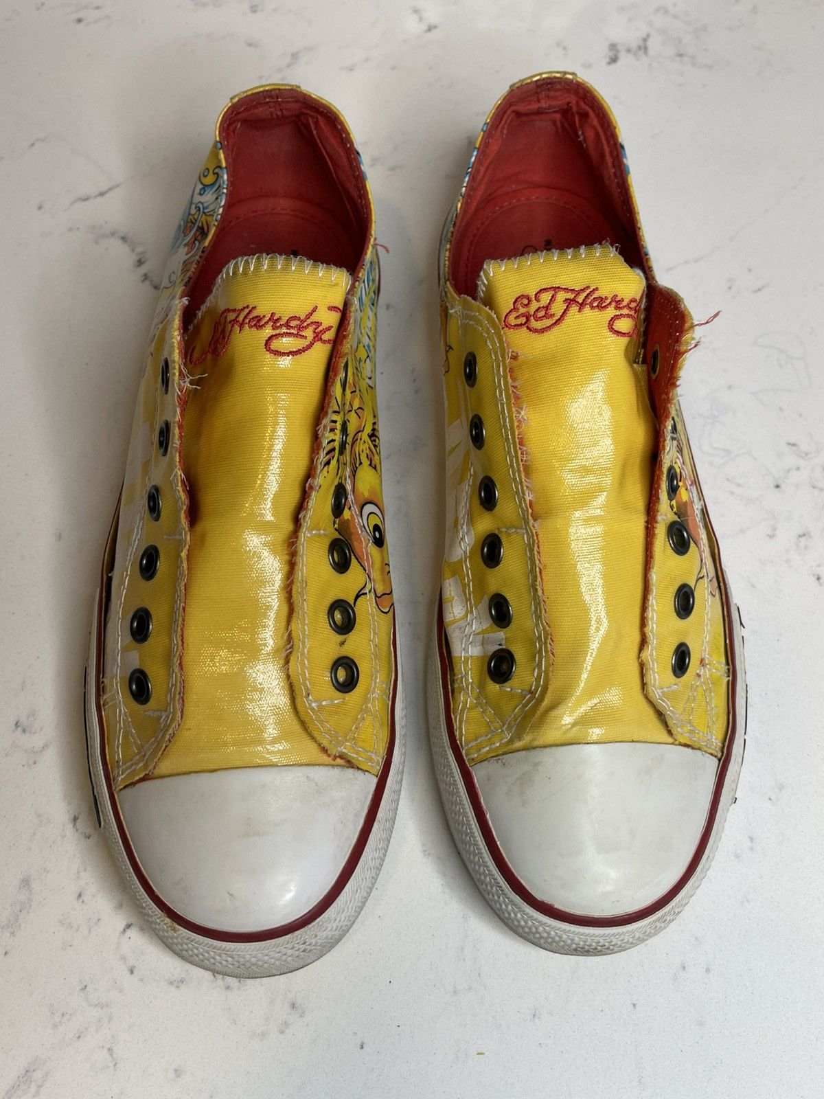 Ed Hardy Y2K Ed Hardy Low Top Sneakers Yellow w Fish Print Logo Sz 9 Size US 9 / IT 39 - 7 Thumbnail