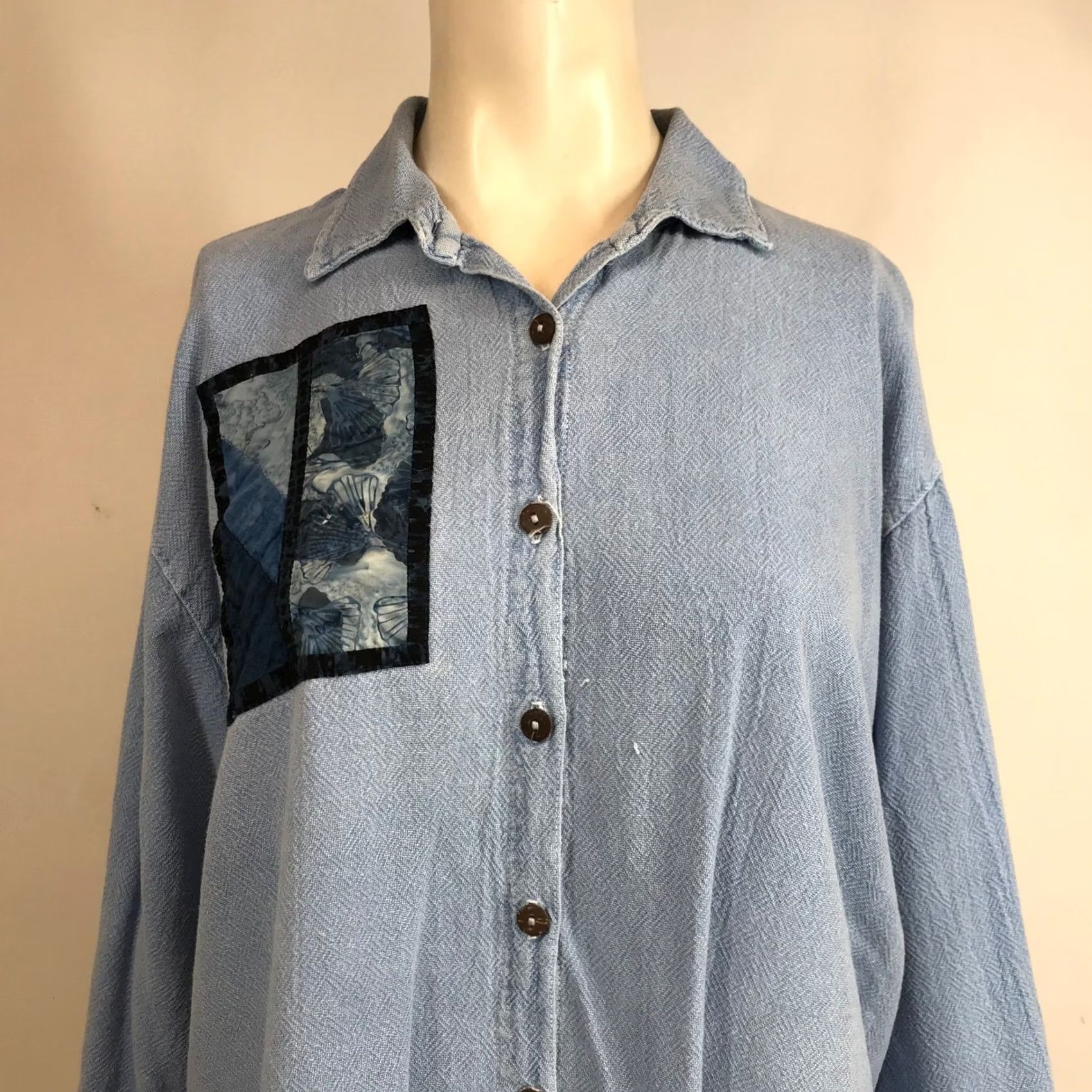 Vintage Brie Kriebel Clothing Blue Batik Patchwork Button Down Shirt Womens Large Oregon Size L / US 10 / IT 46 - 3 Thumbnail
