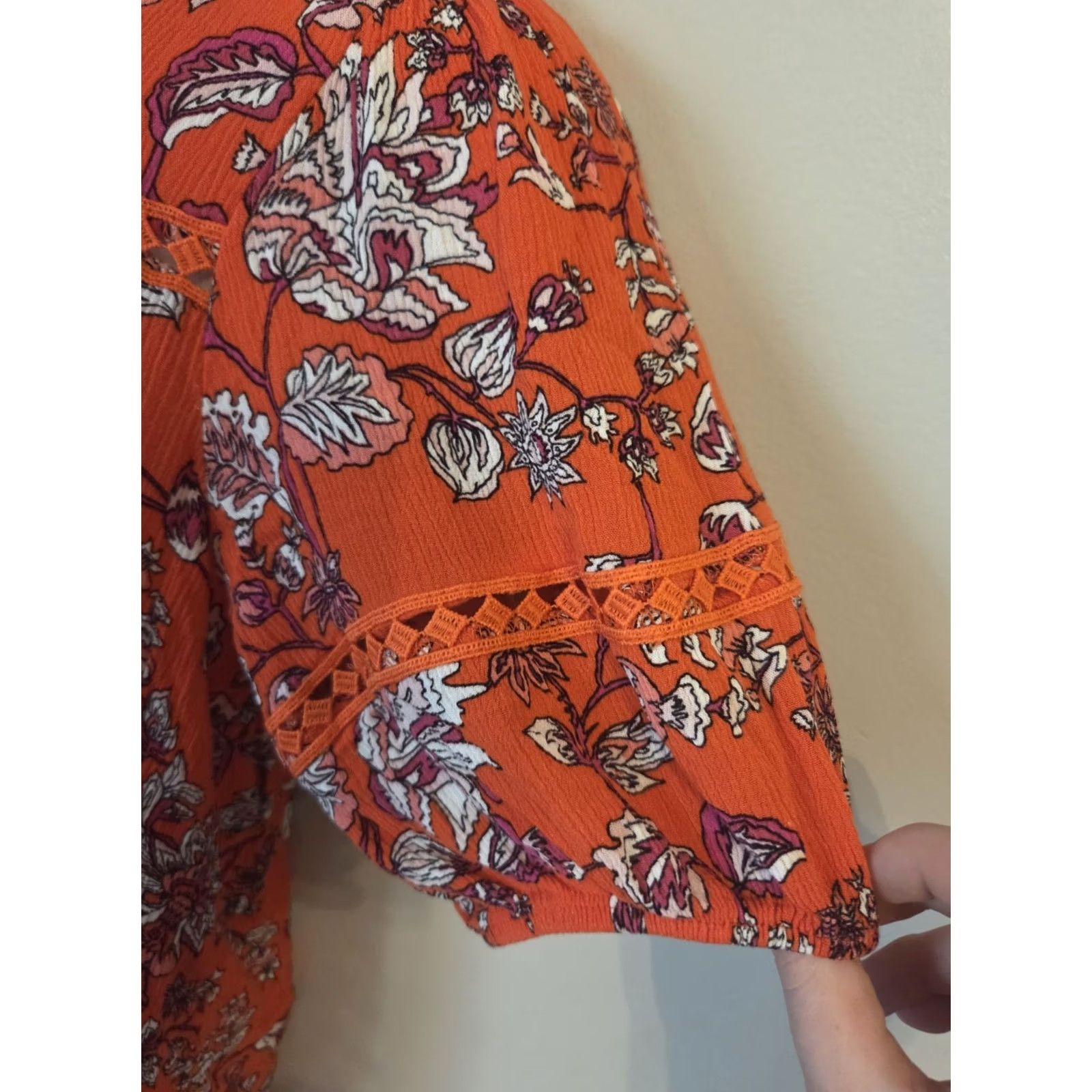 Vintage Adrienne Vittadini Orange Floral Crinkle Lace Trim Top Hippie Boho XL Womens Size XL / US 12-14 / IT 48-50 - 4 Thumbnail