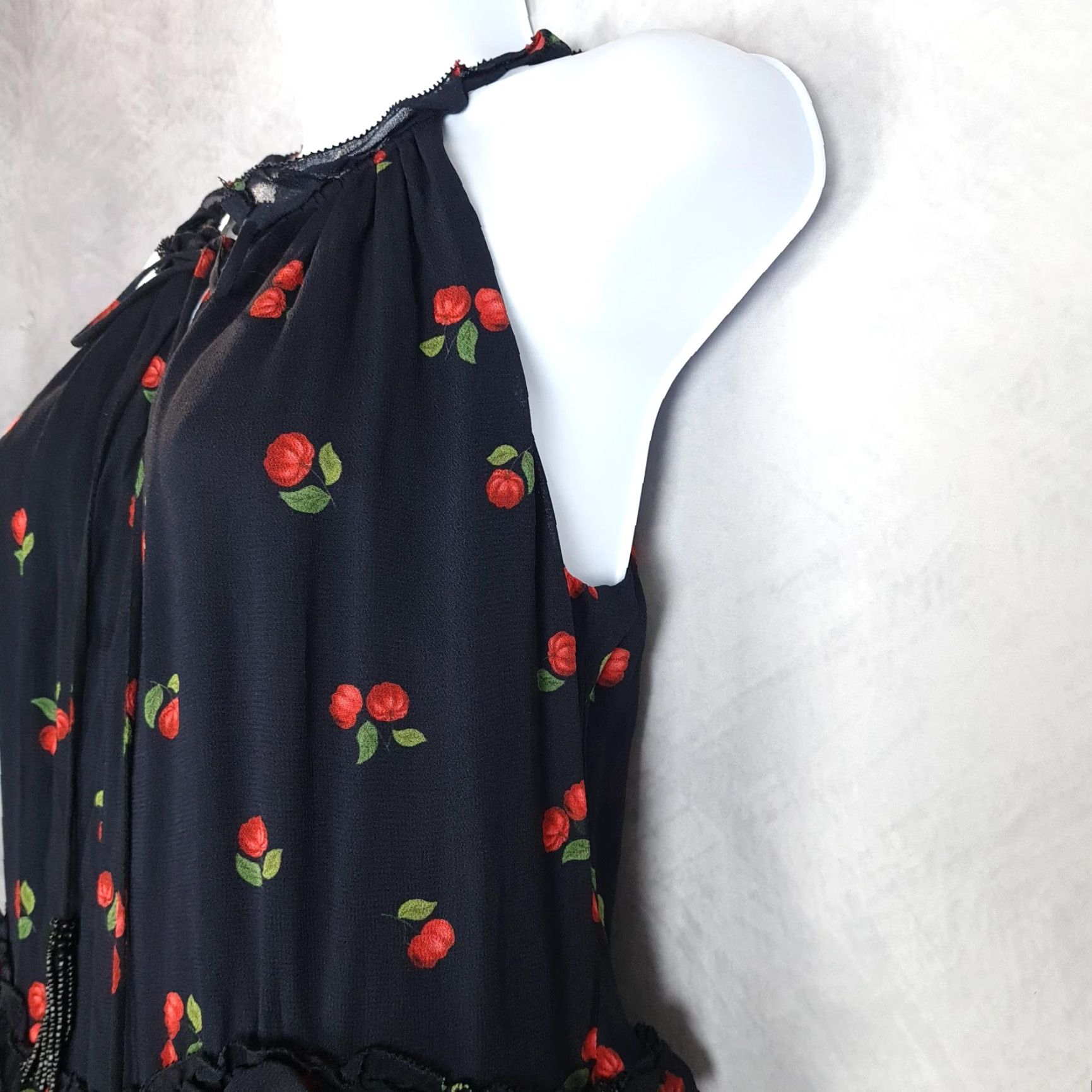 Farm Rio VINTAGE Farm Rio Dress Womens XS / S Black Cherry Print Tiered Ruffle Halter Mini Lined Size S / US 4 / IT 40 - 6 Thumbnail
