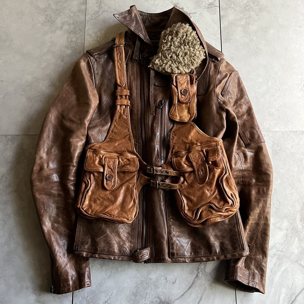 image of Share Spirit Homme Share Spirit "gas Mask" Goat Leather Jacket in Brown, Men's (Size Medium)