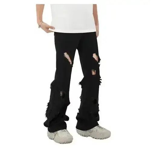 Jean Black Distressed Stacked Denim Jeans Size US 30 / EU 46 - 1 Thumbnail