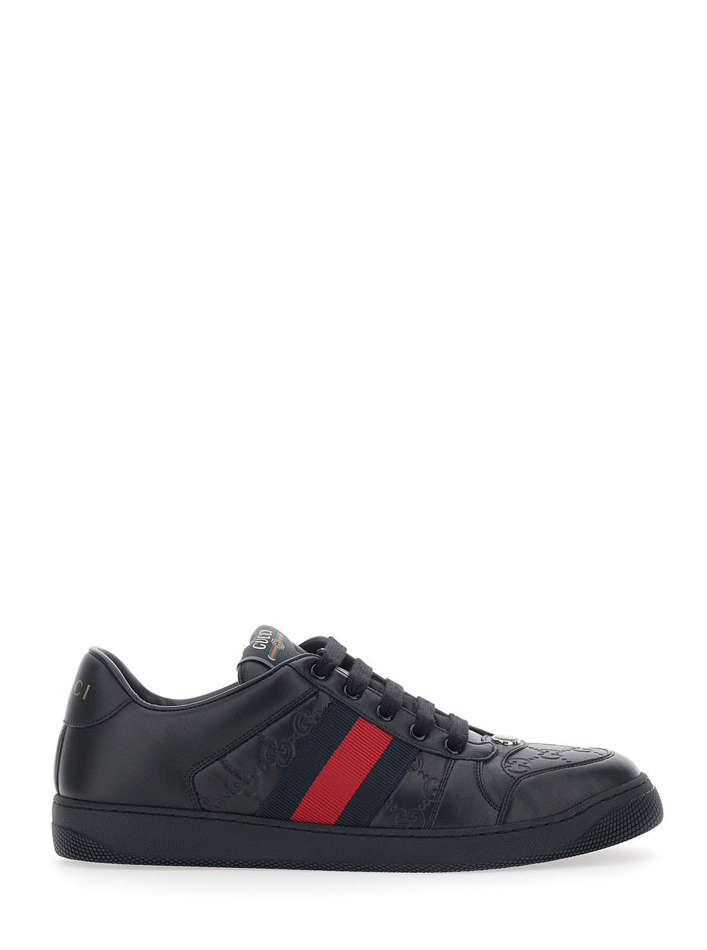 Gucci Black Sneaker 'Screener' Low Top with Web Detail on the Side and GG Embossed Motif in Leather for Men Size US 8 / EU 41 - 1 Thumbnail