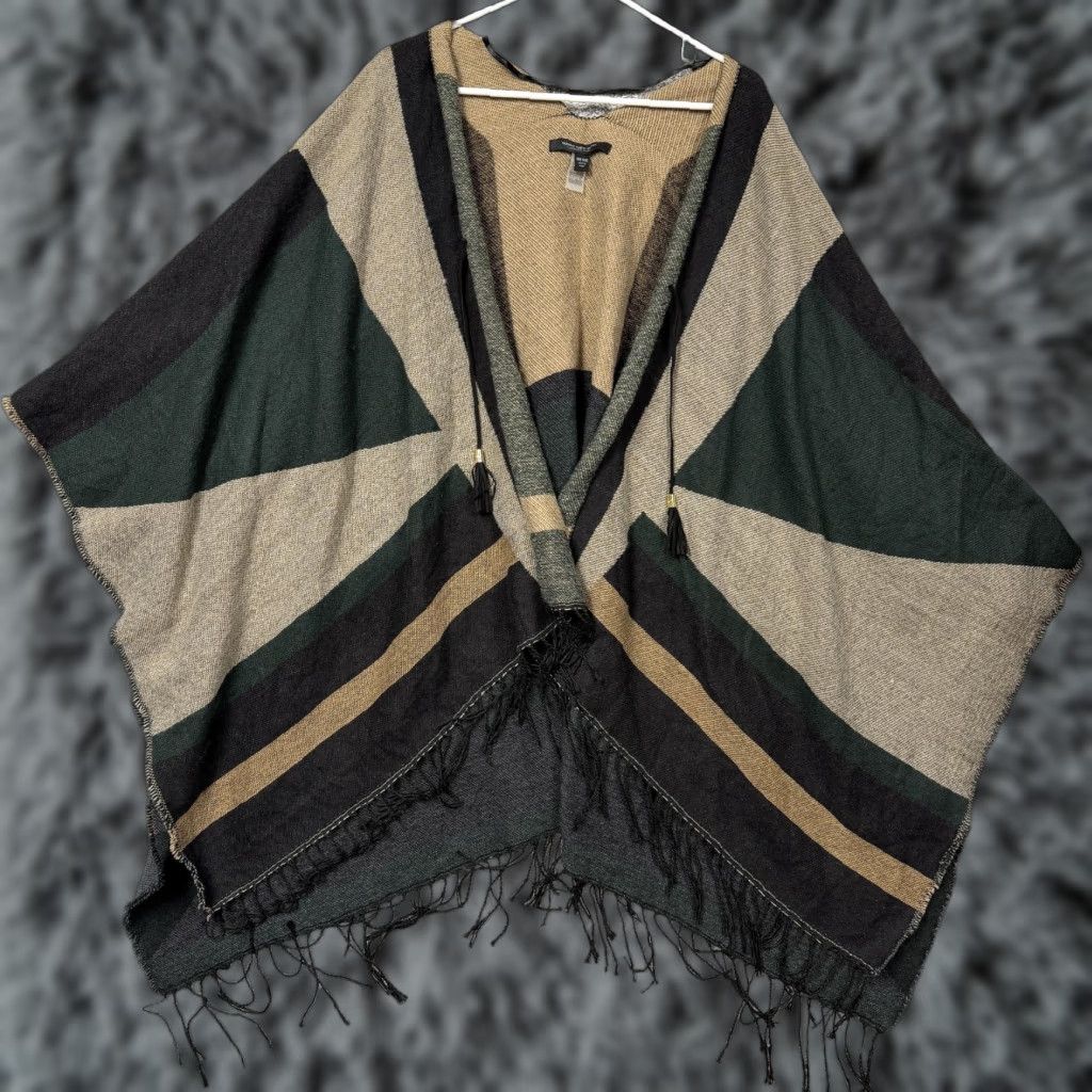Vintage Marc New York Poncho One Size Geometric Fringe Boho Kimono Green Black Size ONE SIZE - 1 Thumbnail