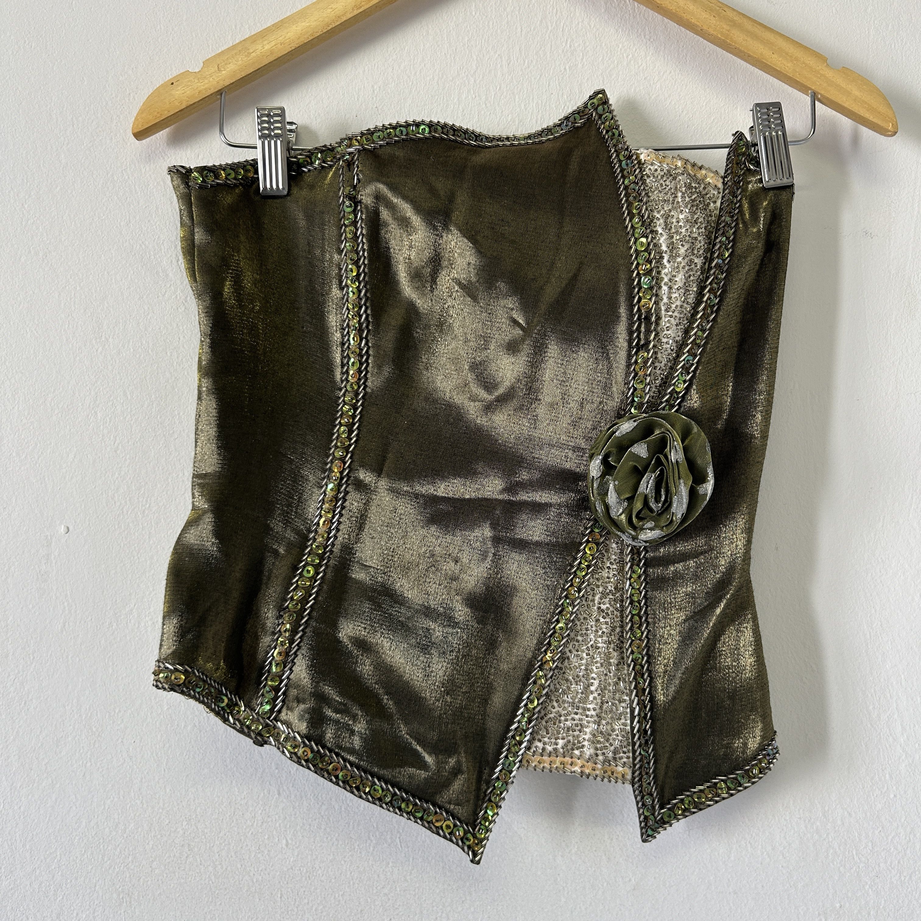 Handmade Vintage 90s satin green beaded embroidered corset top Size S / US 4 / IT 40 - 8 Thumbnail
