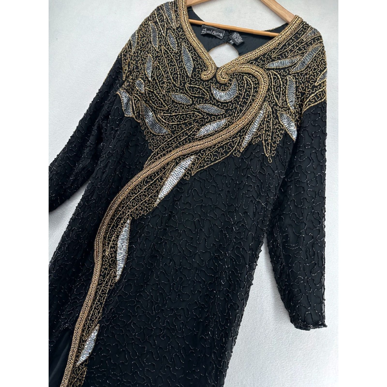 Vintage Jewel Queen Maxi Dress Black Women's Size 0 Silk Beaded Long Sleeve Evening Gown Size XS / US 0-2 / IT 36-38 - 7 Thumbnail