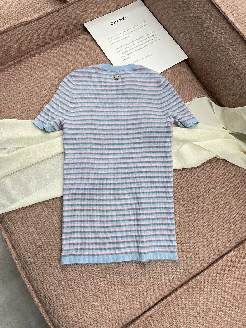 Chanel Chanel 25B pink blue striped cashmere short sleeves Size XS / US 0-2 / IT 36-38 - 4 Thumbnail