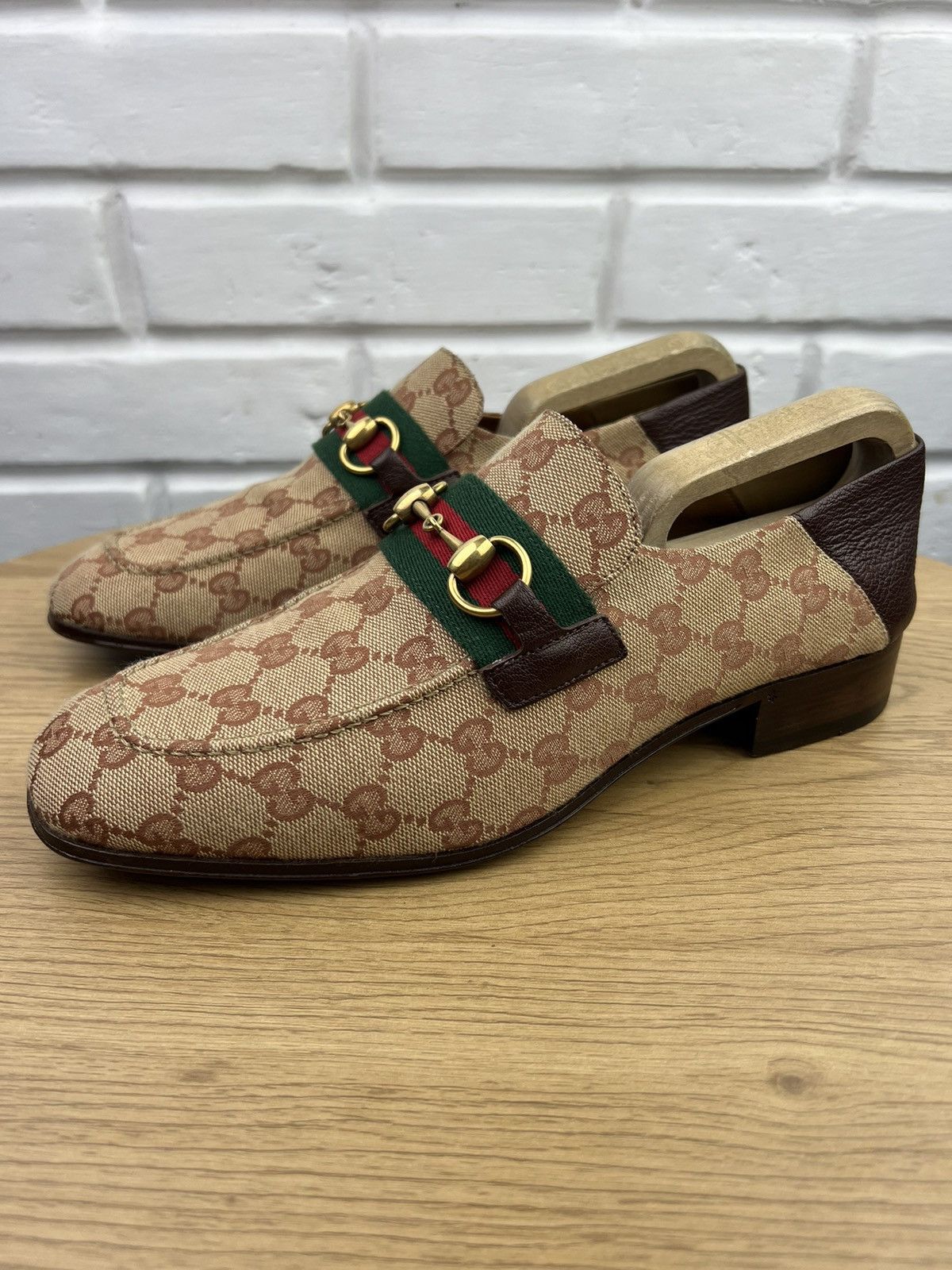GUCCI Loafers Leather Horsebit GG Monogram Guccissima Canvas