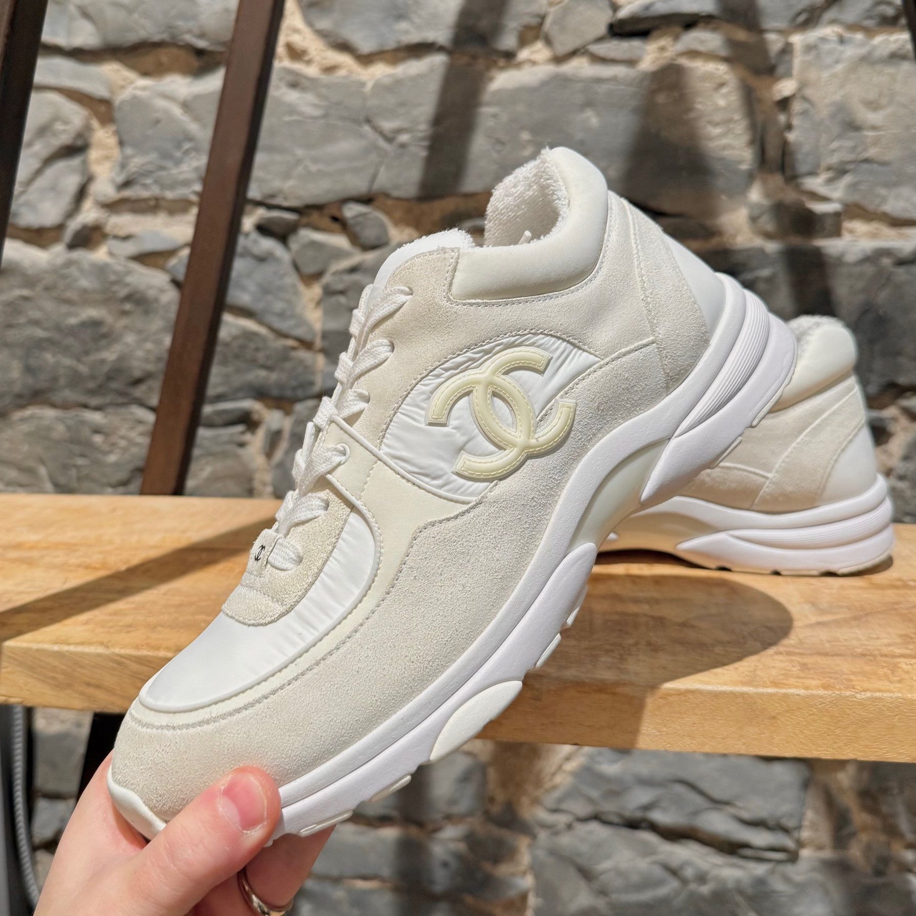 Chanel White Ivory Suede Nylon CC Reflective Sneakers