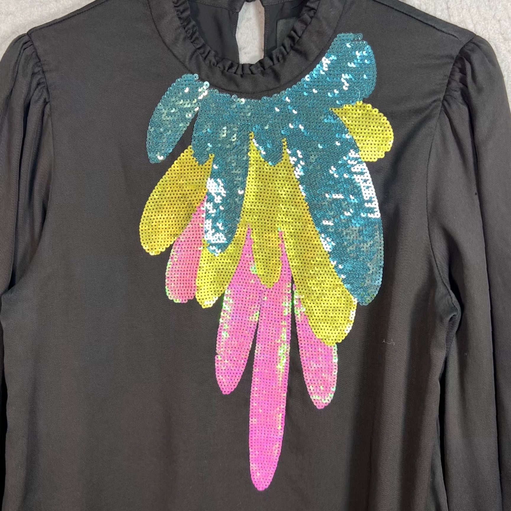 Cynthia Rowley Cynthia Rowley Blouse Womens Size 8 Black Long-Sleeve Top Sequin Feather Design Vintage No Size M / US 6-8 / IT 42-44 - 5 Thumbnail