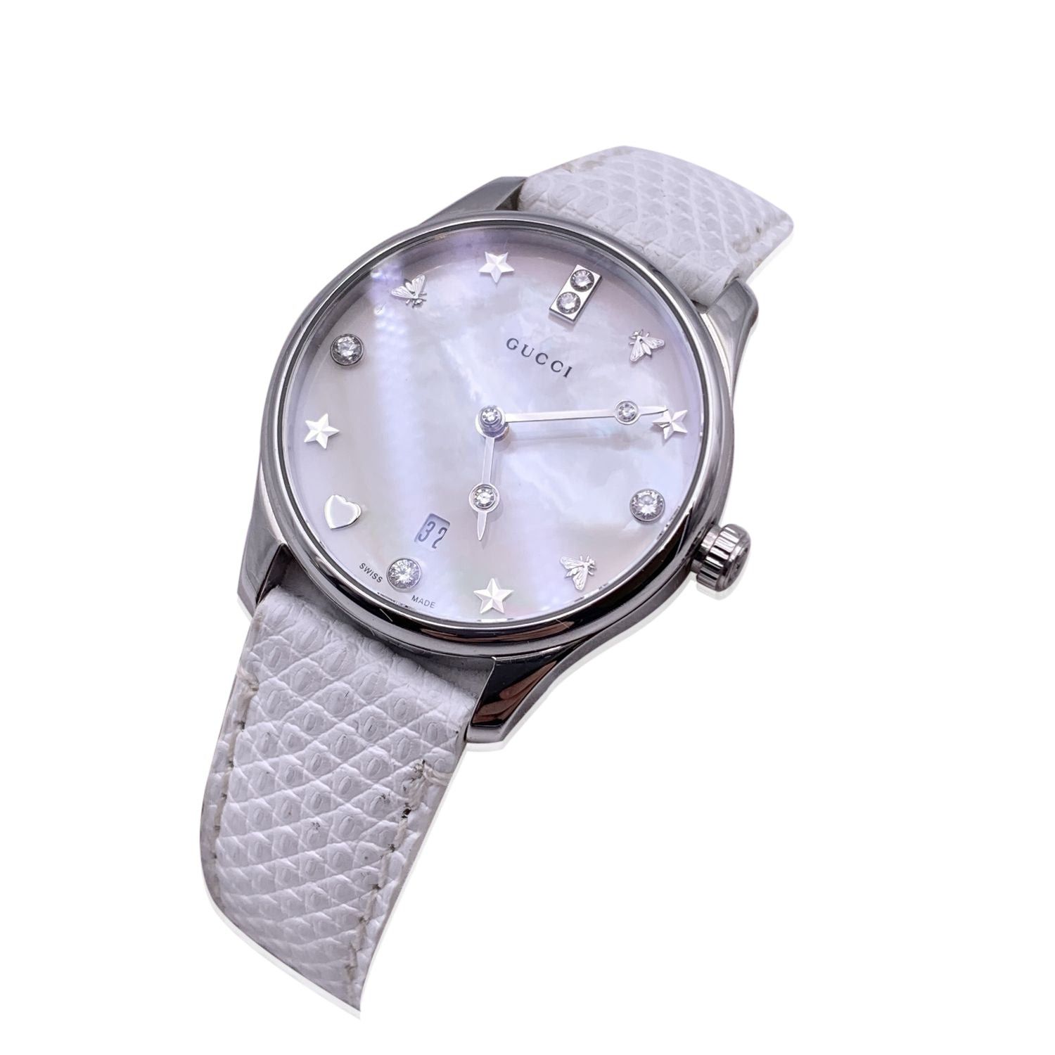 image of Gucci White G-Timeless Slim Diamond Mother Of Pearl Dial Watch, Women's