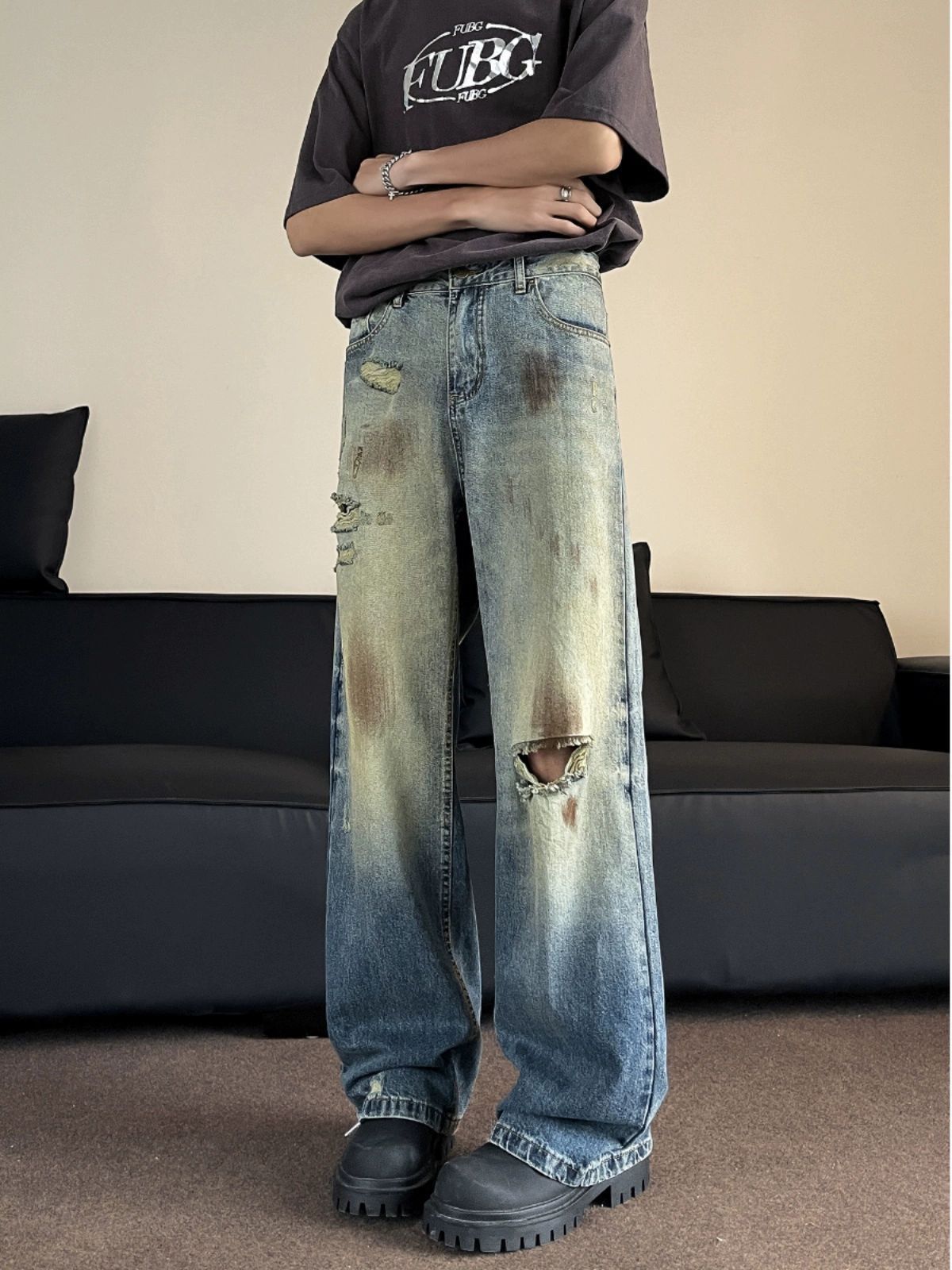 Japanese Brand Men's Retro Tie-Dye Distressed Washed Loose-Fit Ripped Jeans Size US 32 / EU 48 - 2 Thumbnail