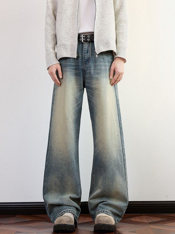Men's loose washed gradient distressed retro straight jeans
