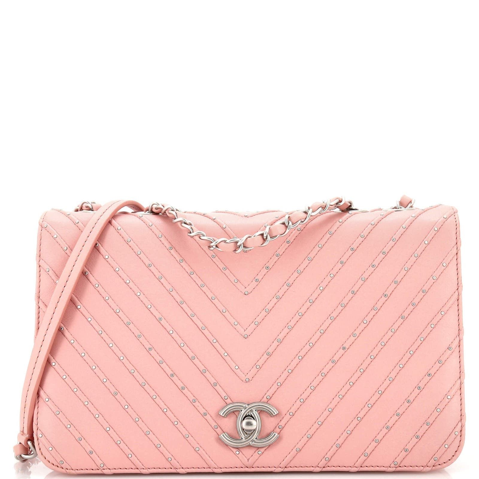 image of Chanel Cc Clasp Flap Bag Studded Chevron Calfskin Medium in Pink, Women's
