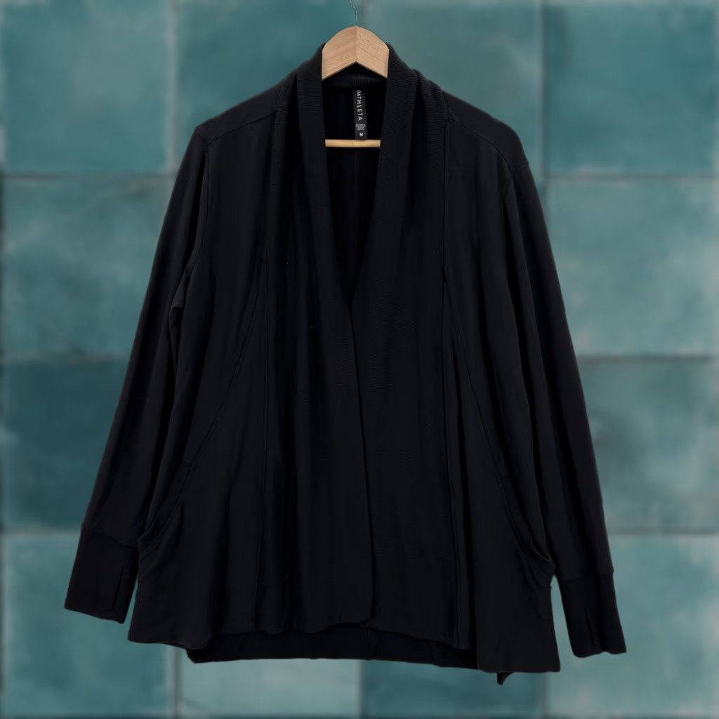 Athleta Athleta Cardigan Sweater Womens Medium Black Open Front Pockets Pranayama Wrap Knit Novelty: Thumbholes, V-Neck, Long Sleeve, Modal Spandex Size M / US 6-8 / IT 42-44 - 1 Thumbnail