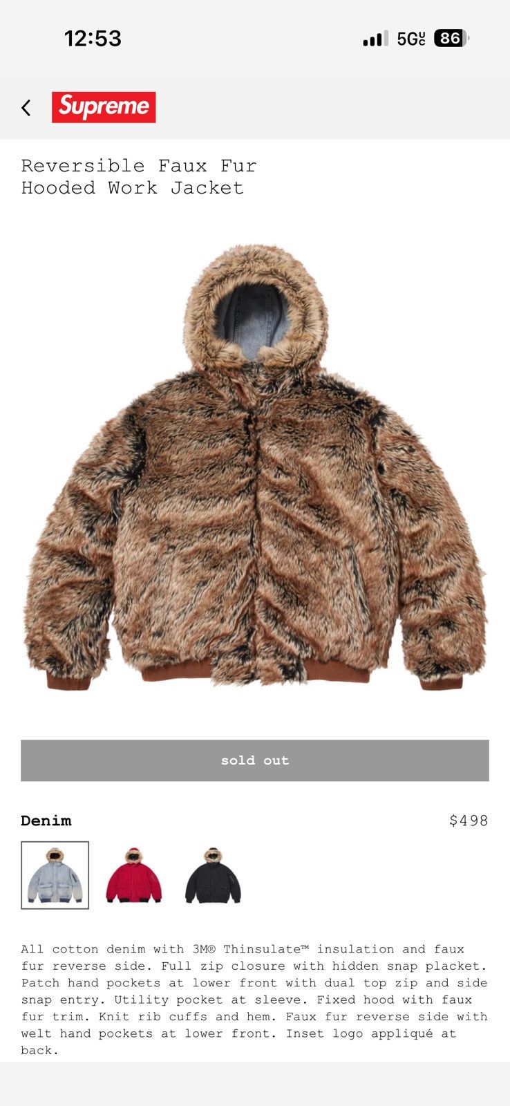 Supreme Supreme SS26 Reversible Faux Fur Hooded Work Jacket Denim Size US M / EU 48-50 / 2 - 9 Thumbnail