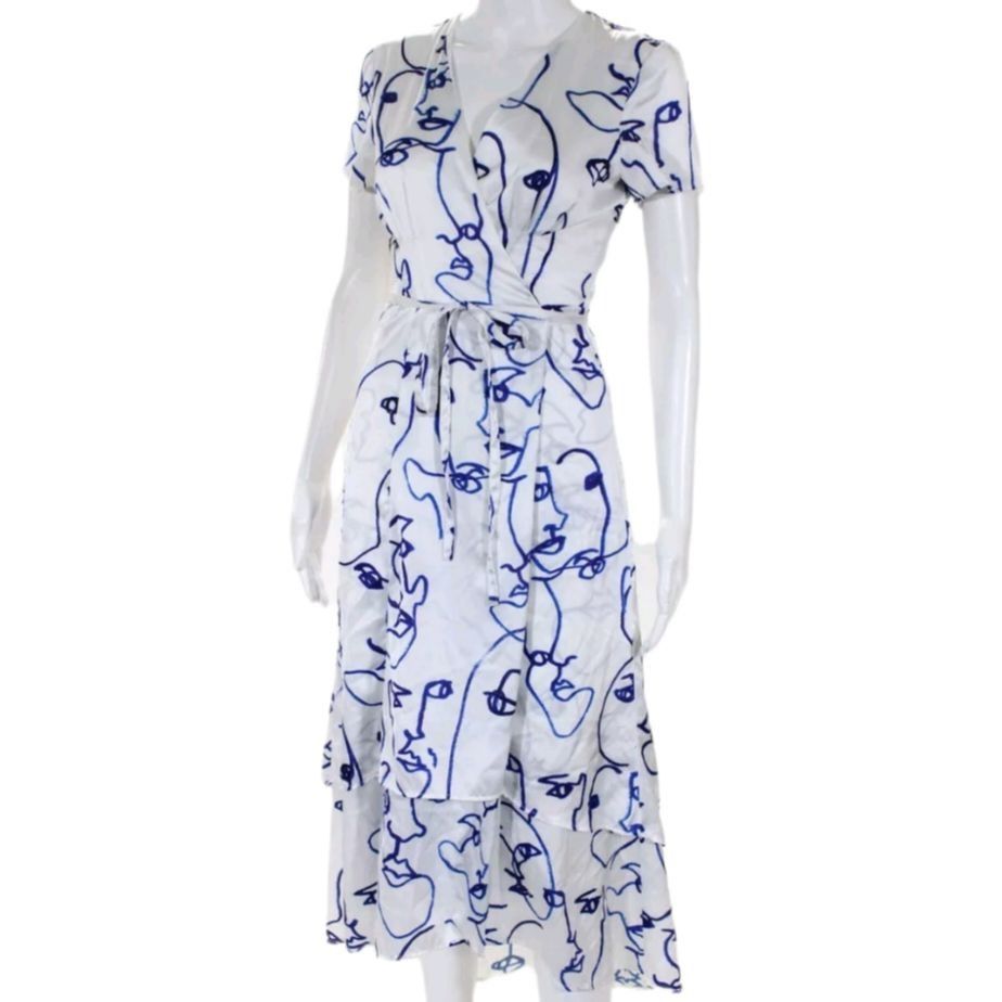 Hutch Printed Rosa Dress Sz XS White Artsy Wrap Short Sleeve