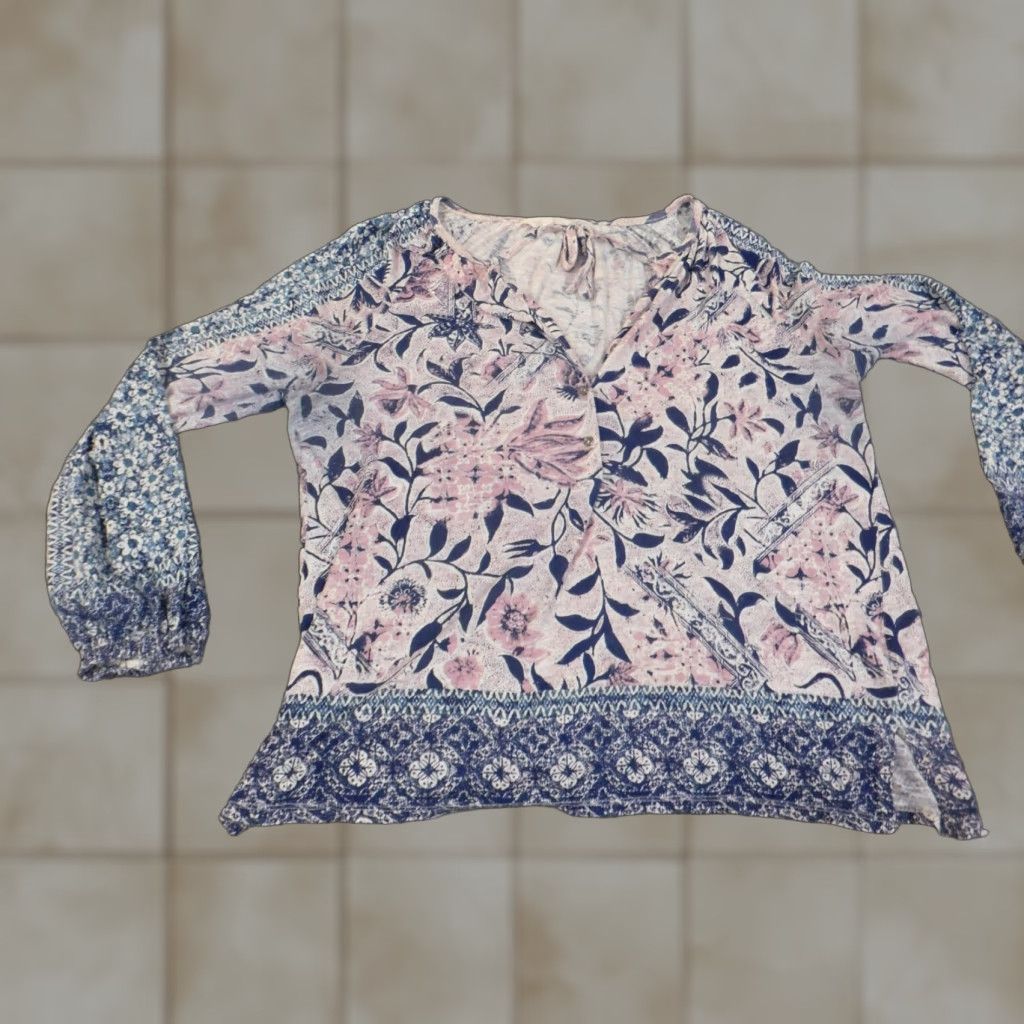 Lucky Brand Lucky Brand Blouse Shirt Womens M Blue Floral Pullover Round Neck Cotton Modal Casual Stretch Size M / US 6-8 / IT 42-44 - 1 Thumbnail