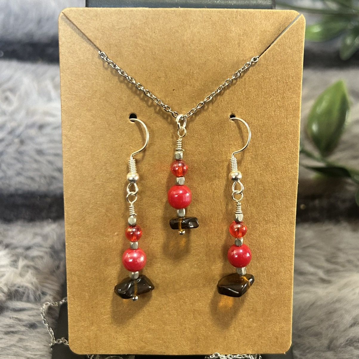 Handmade Handcrafted tigers eye art glass necklace and earring set Size ONE SIZE - 2 Thumbnail
