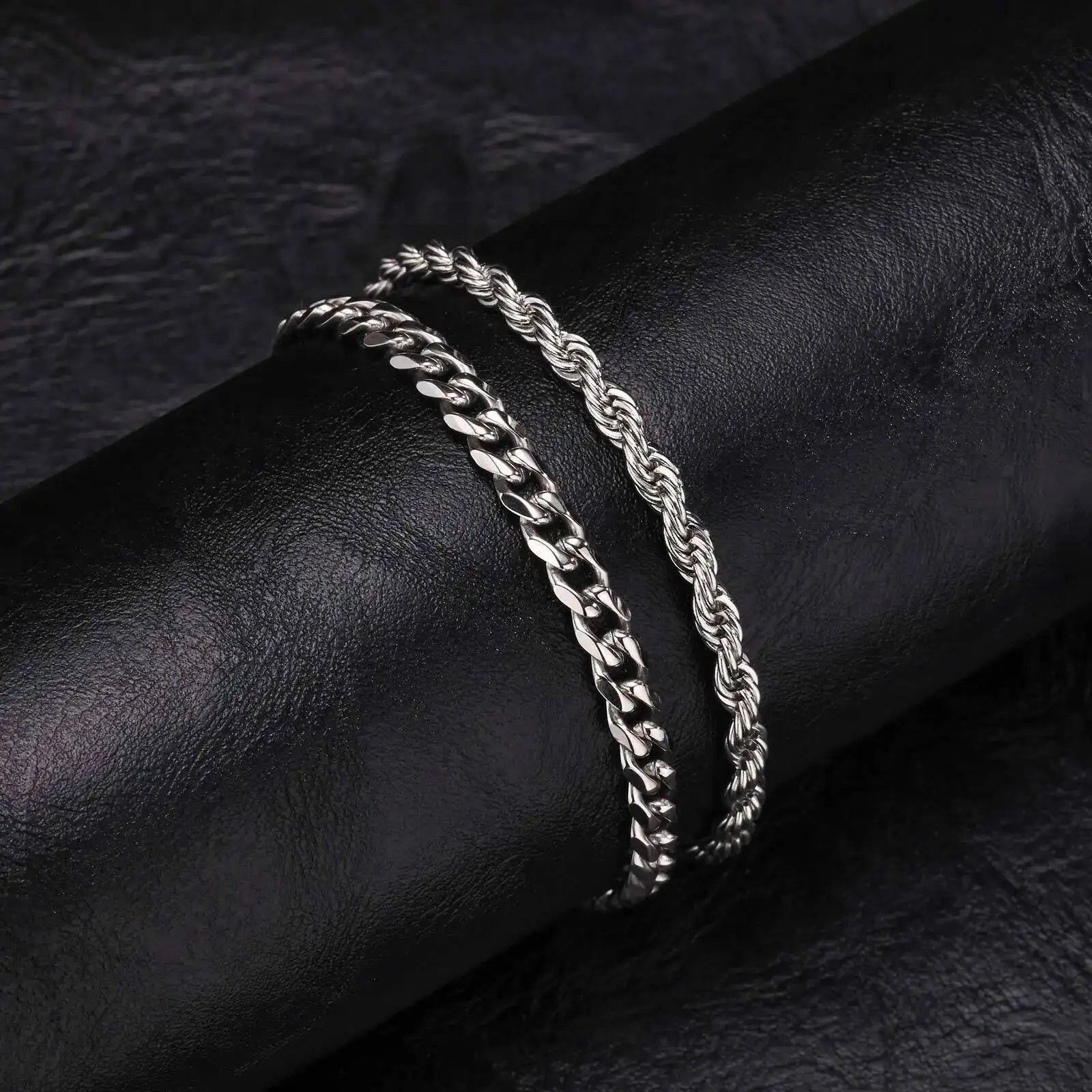 Jewelry Silver 5mm Figaro Link & 3mm Rope Bracelet Set Size ONE SIZE - 1 Thumbnail