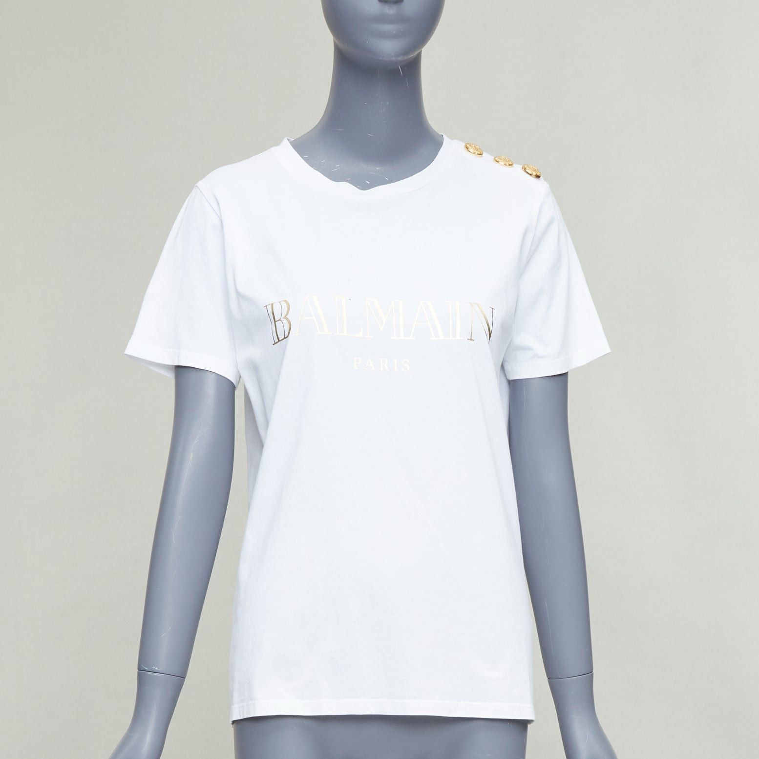 Balmain BALMAIN white metallic gold foil logo print button shoulder tshirt FR38 M Size M / US 6-8 / IT 42-44 - 1 Thumbnail