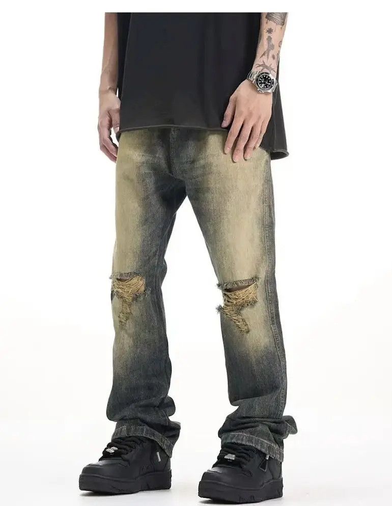 image of Ankle Ripped Gradient Washed Stacked Jeans Y2K Retro Style in Blue, Men's (Size 30)