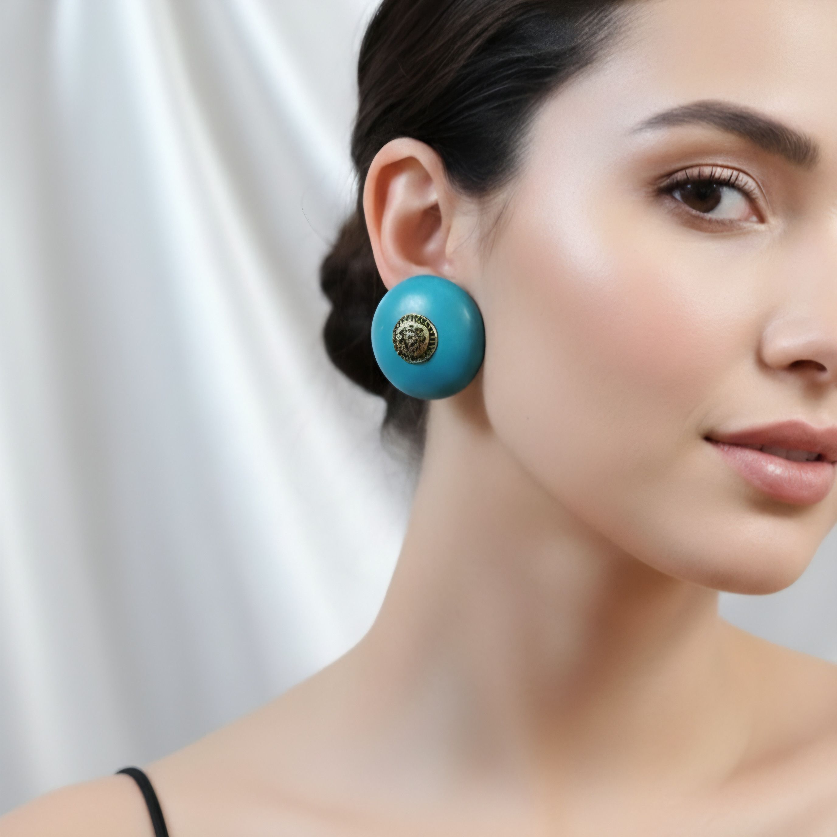 Handmade Artistic Button Earrings Clip On Turquoise Wood Brass Paint Size ONE SIZE - 2 Thumbnail