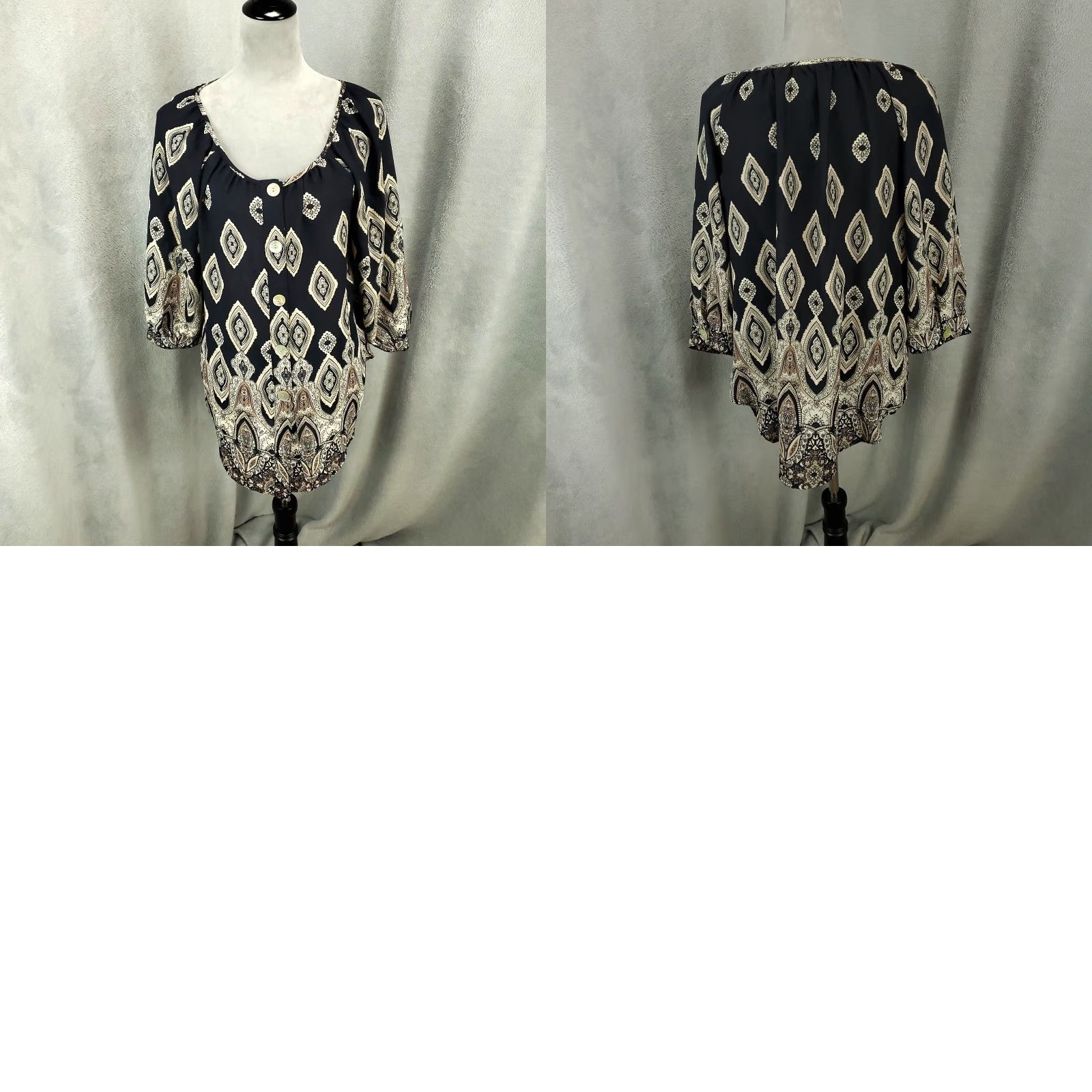 Vintage Fig and Flower Button-Up Top Womens M Navy Blue Tan Front Tunic Sheer Medium Size M / US 6-8 / IT 42-44 - 8 Thumbnail