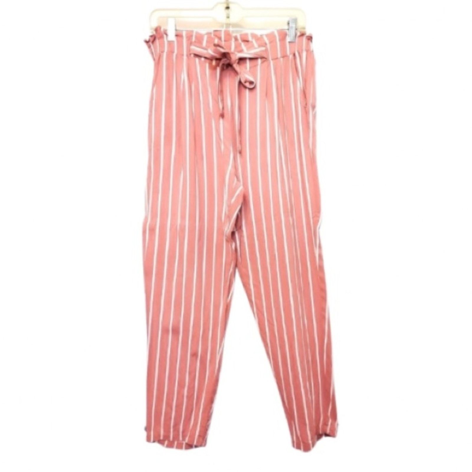 Other Papaya Pink White Stripe Paper Bag Drawstring Wide Pants Size 34" / US 12 / IT 48 - 1 Thumbnail
